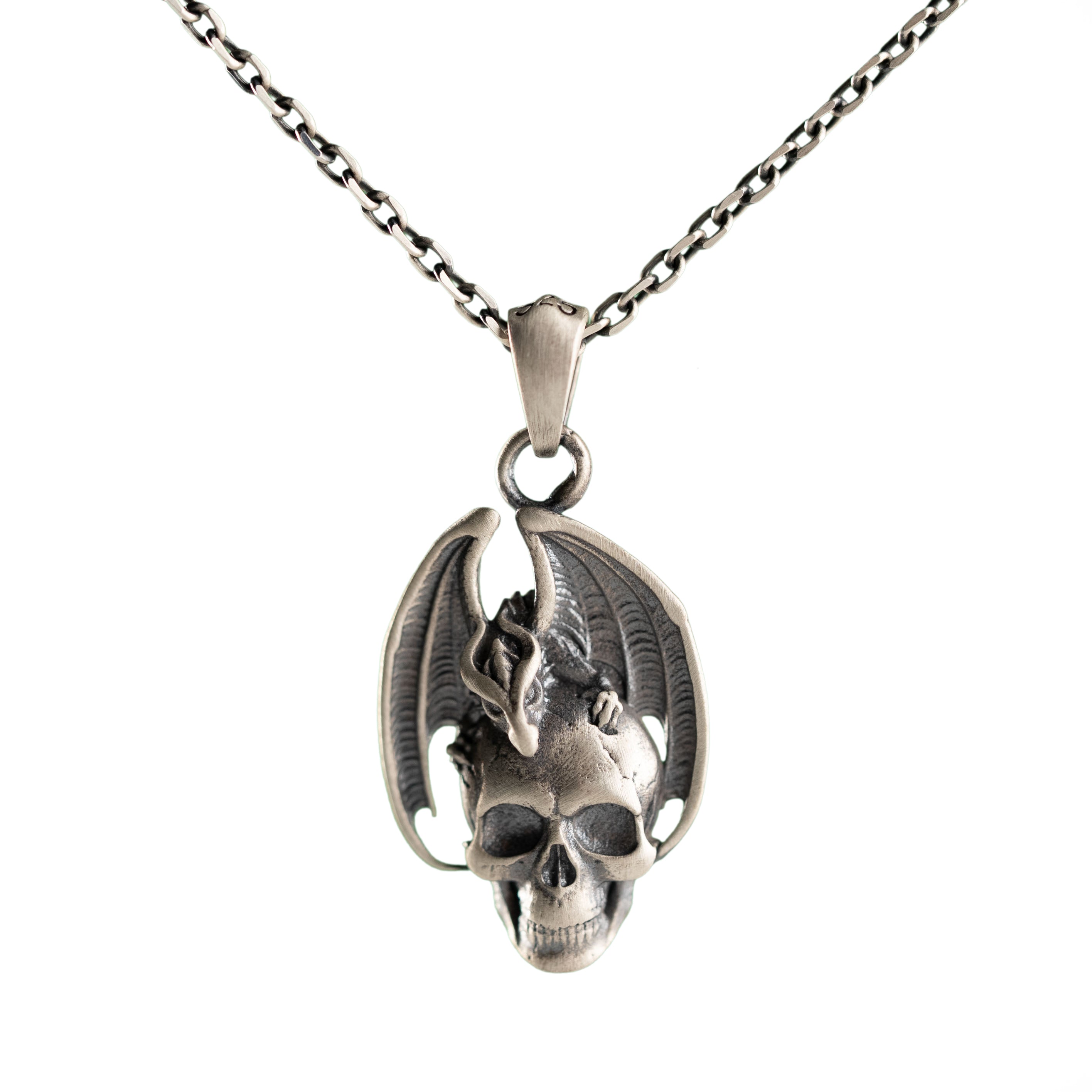 Dragon and Skull Necklace 925 Sterling Silver Gothic Pendant Dark Style Charm
