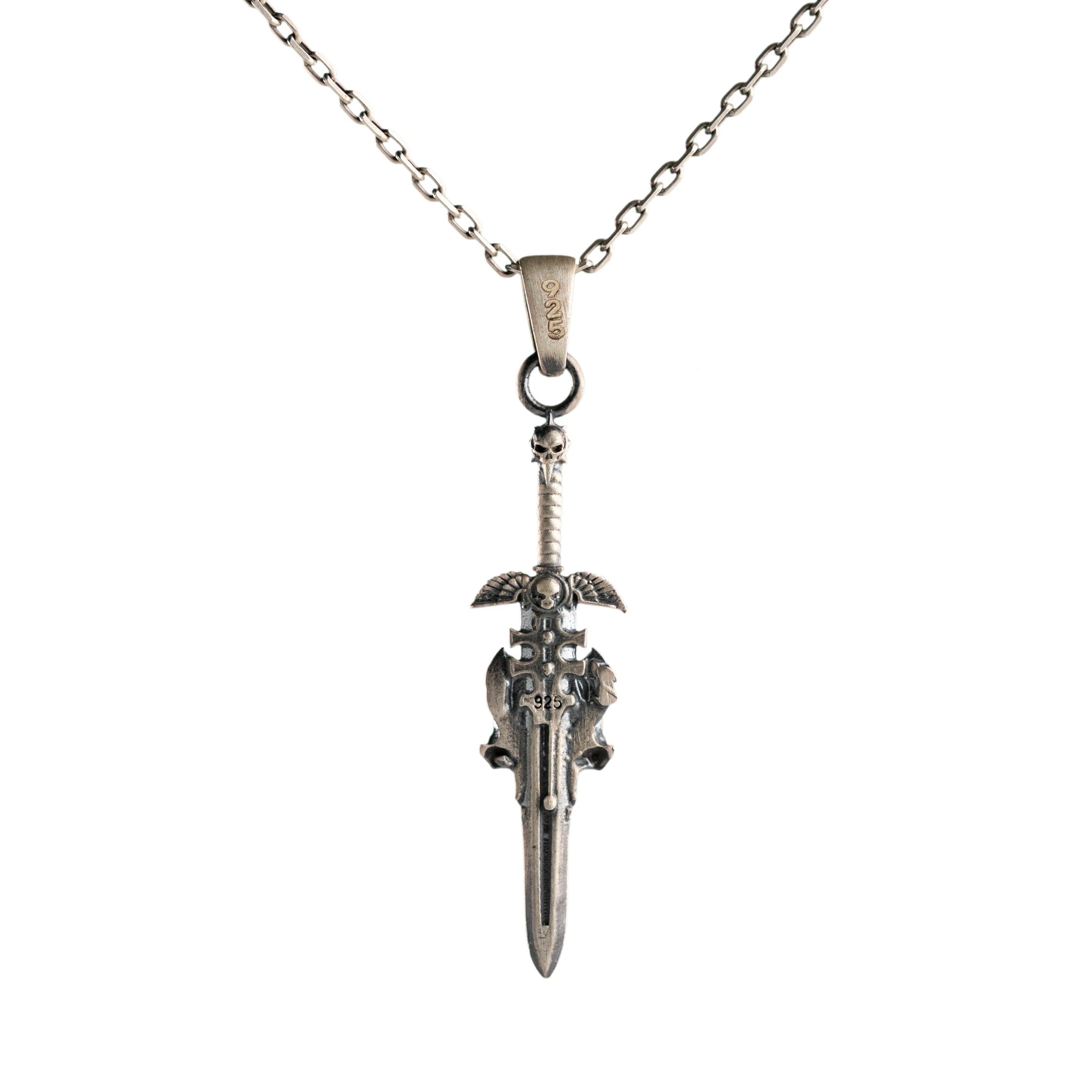 Sterling Silver Skull Pendant - Gothic Cross Sword 925 Silver Viking Necklace