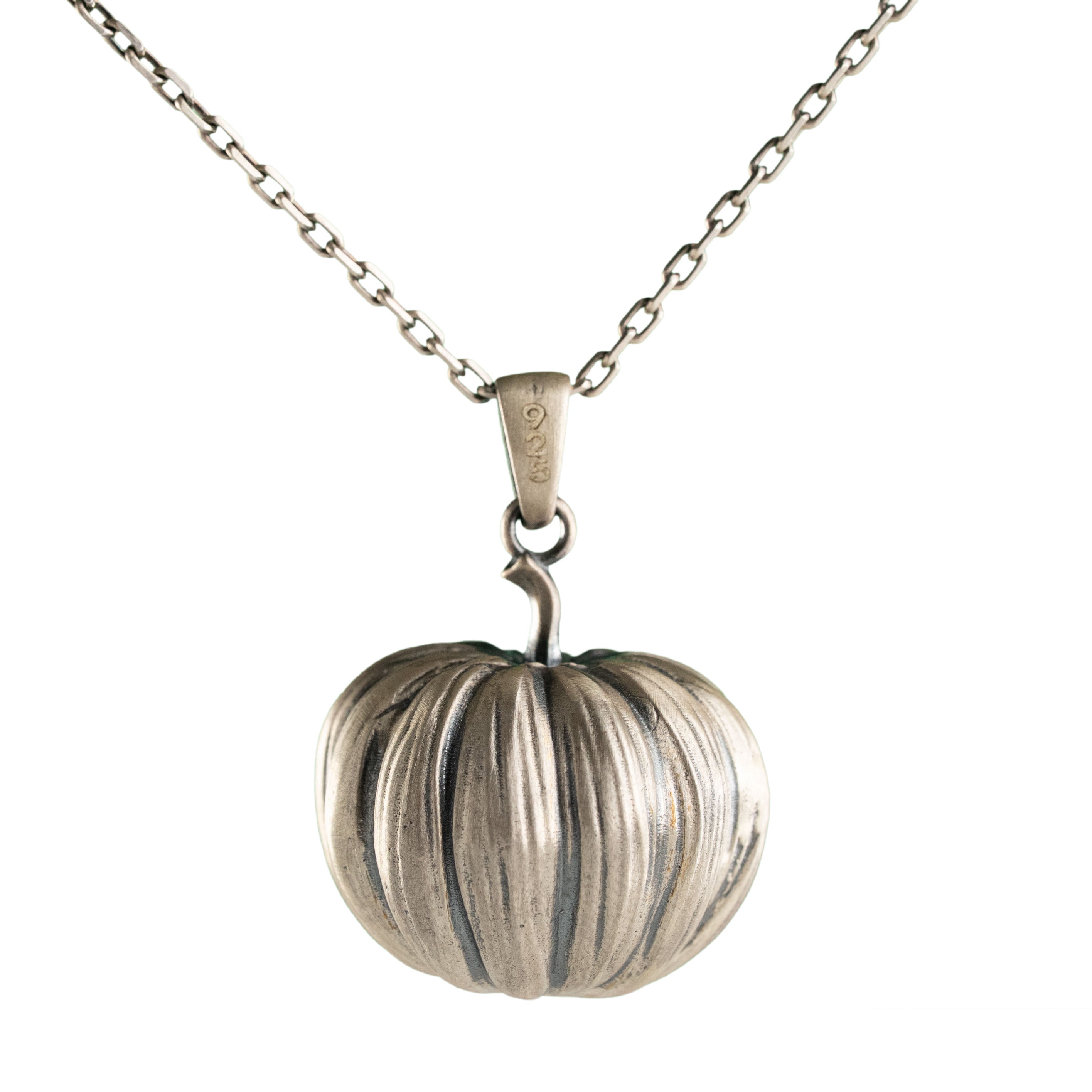 Sterling Silver Pumpkin Necklace – Gothic Jack O Lantern Pendant – Oxidized Charm