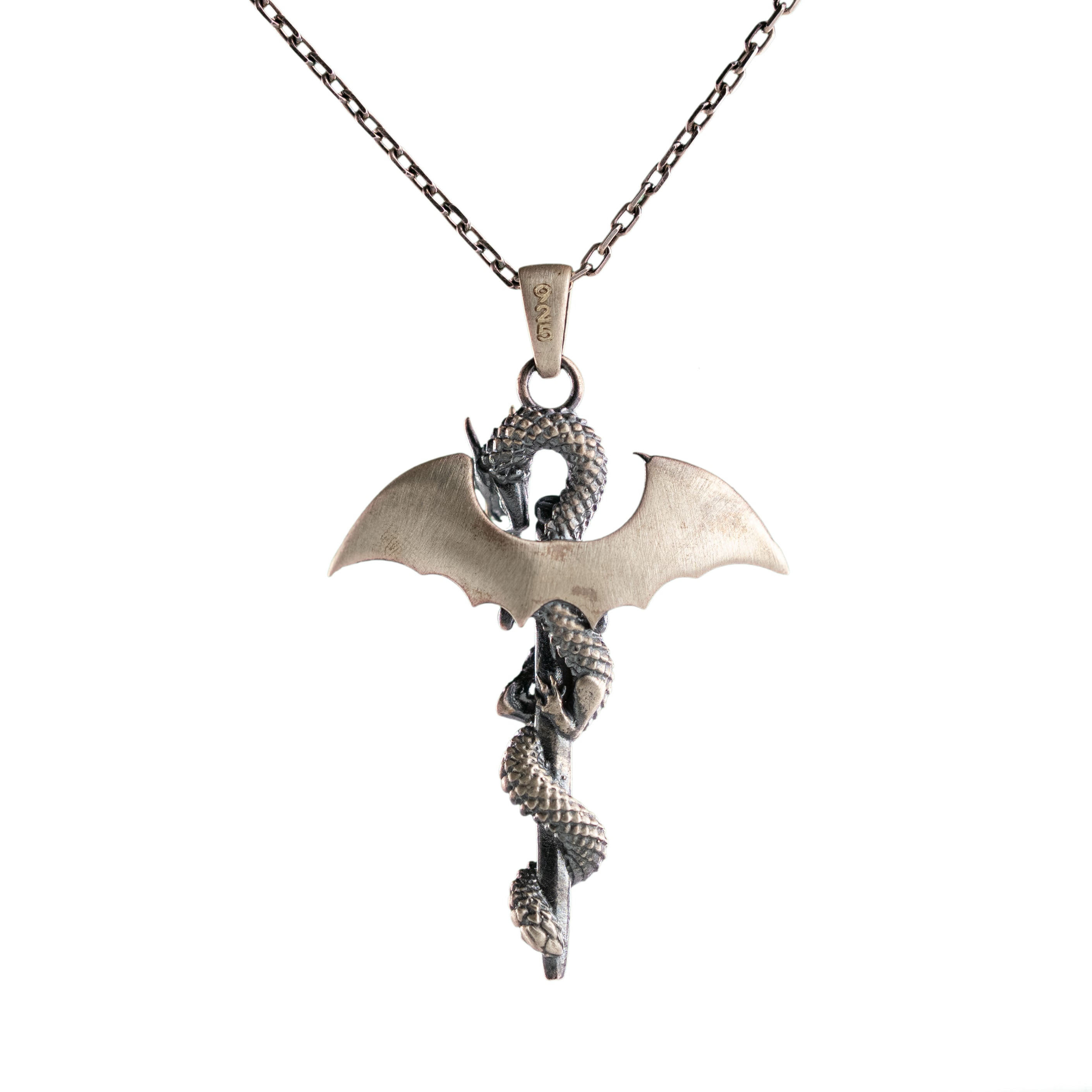 Dragon Sword Pendant Sterling Silver Gothic Mythical Charm Necklace