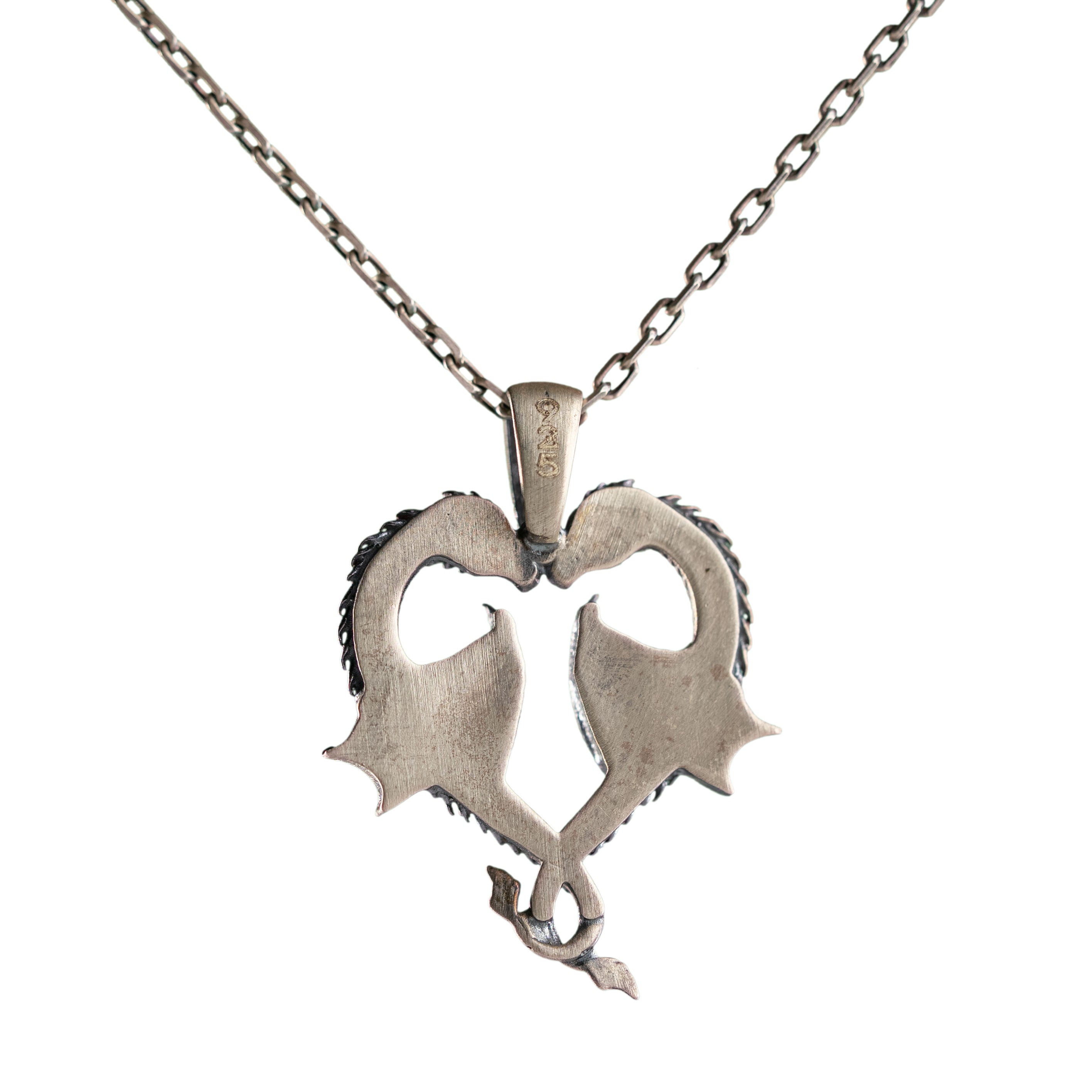 Sterling Silver Dragon Pendant - Twin Dragons Heart Gothic Viking Necklace