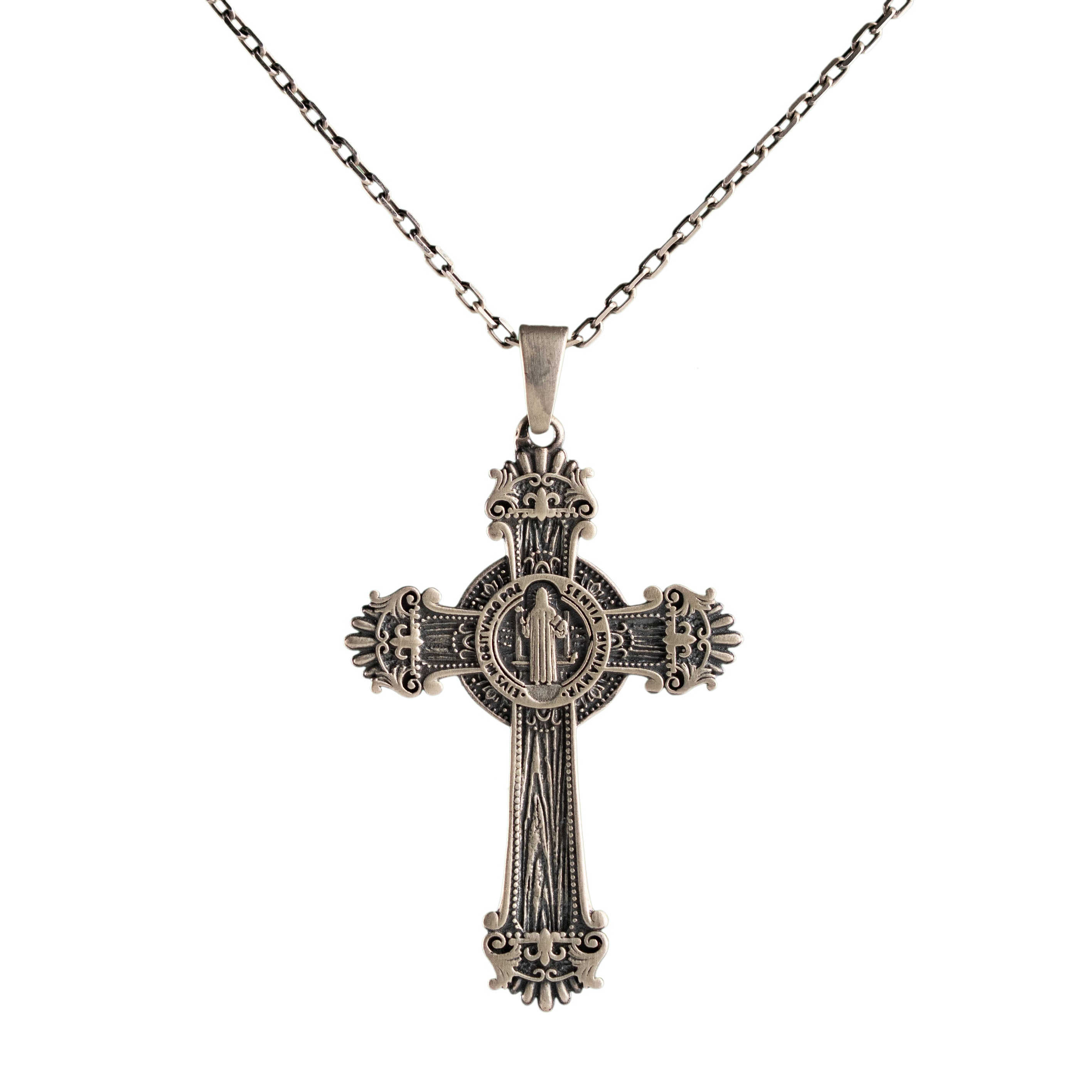 Jesus Crucifix Necklace – Sterling Silver Benedict Cross Pendant Gothic Religious Jewelry