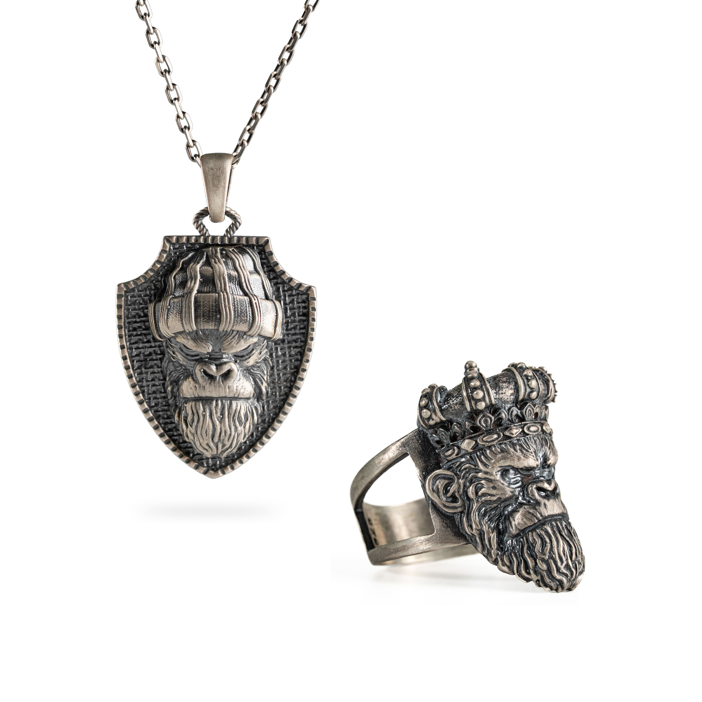 Sterling Silver Gorilla Ring Set - Bold Ape Pendant Necklace with Oxidized Finish