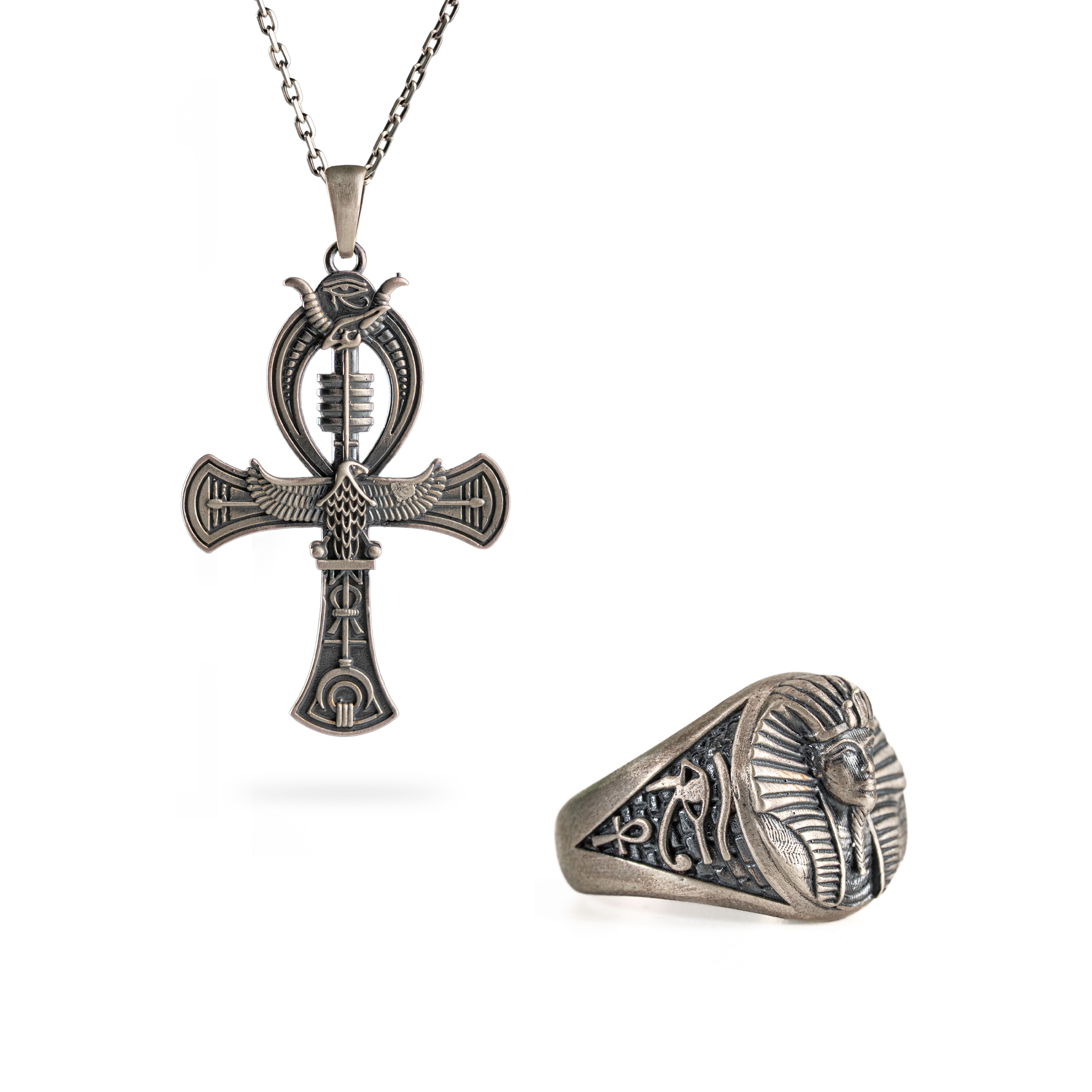 Sterling Silver Pharaoh Ring With Ankh Pendant Necklace Gothic Egyptian Jewelry