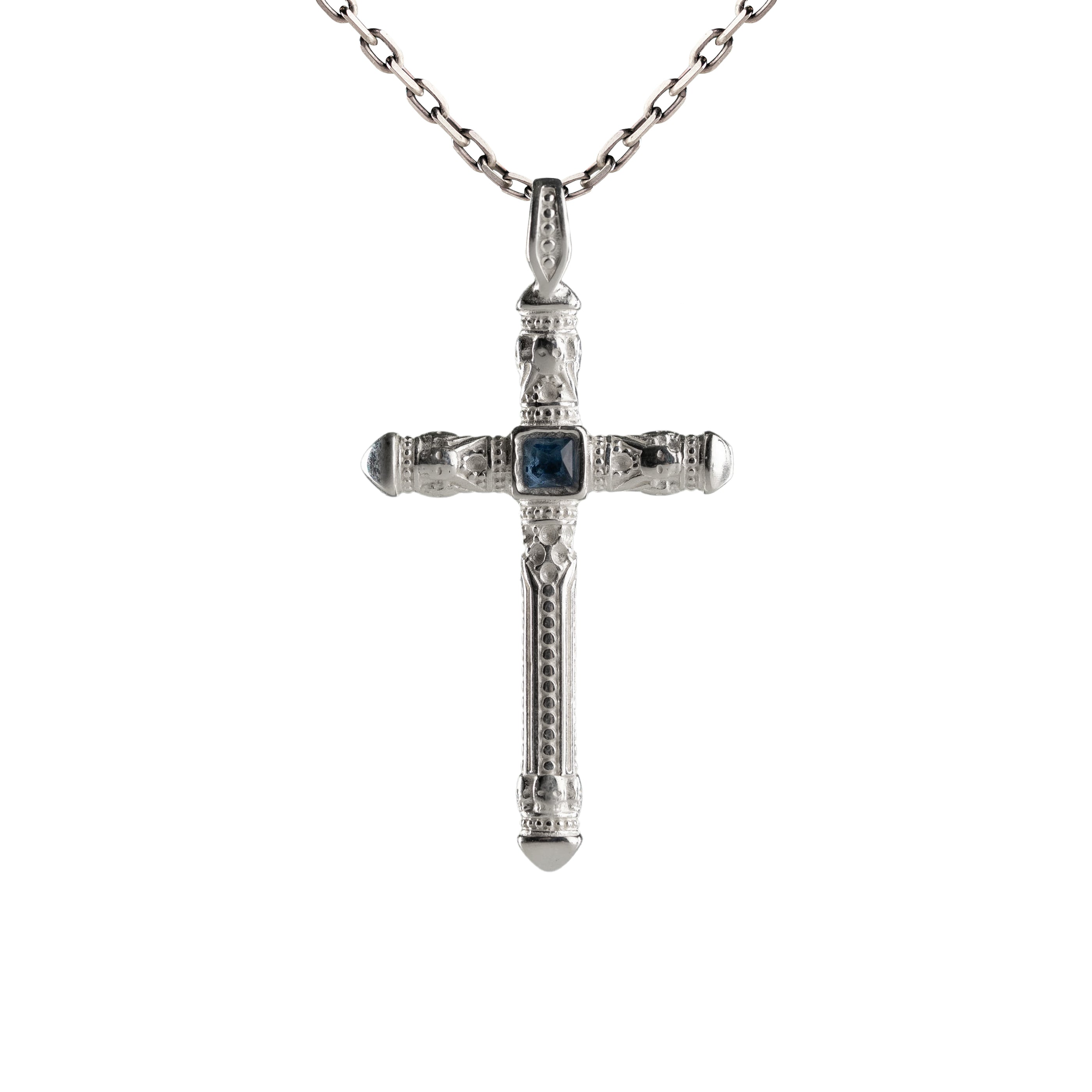 Blue Stone Cross Necklace - Handmade Sterling Silver Pendant with Oxidized Finish