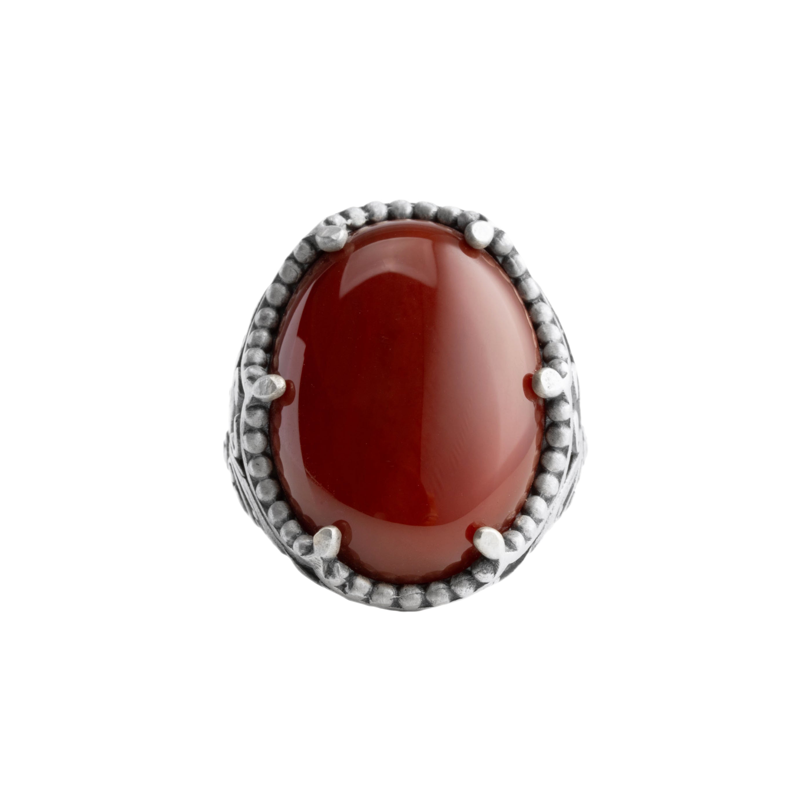 Sterling Silver Carnelian Ring - Gothic Signet Band with Natural Red Agate Oval Gemstone