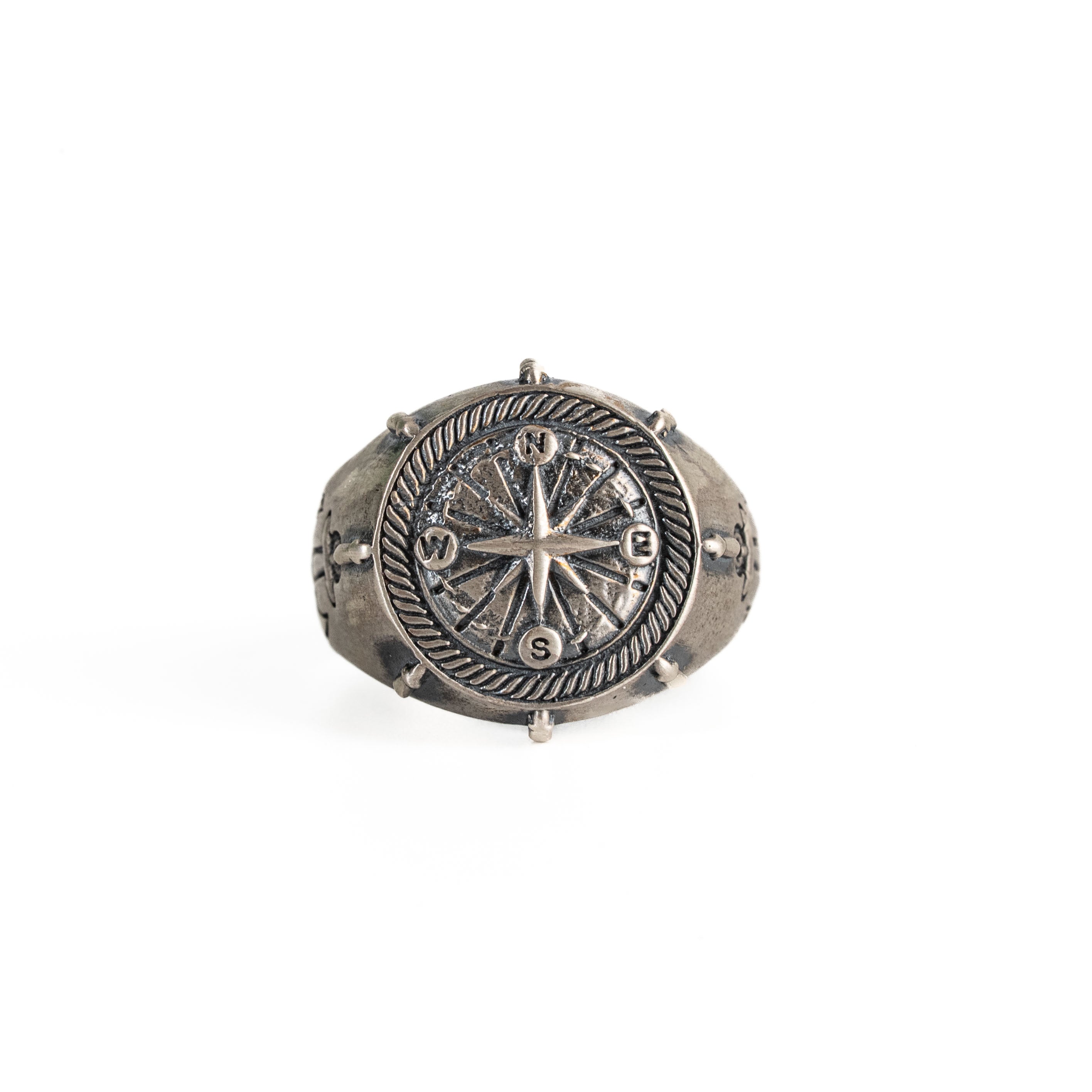 Sterling Silver Compass Set – Nautical Anchor Pendant and Explorer Ring with Polished Finish