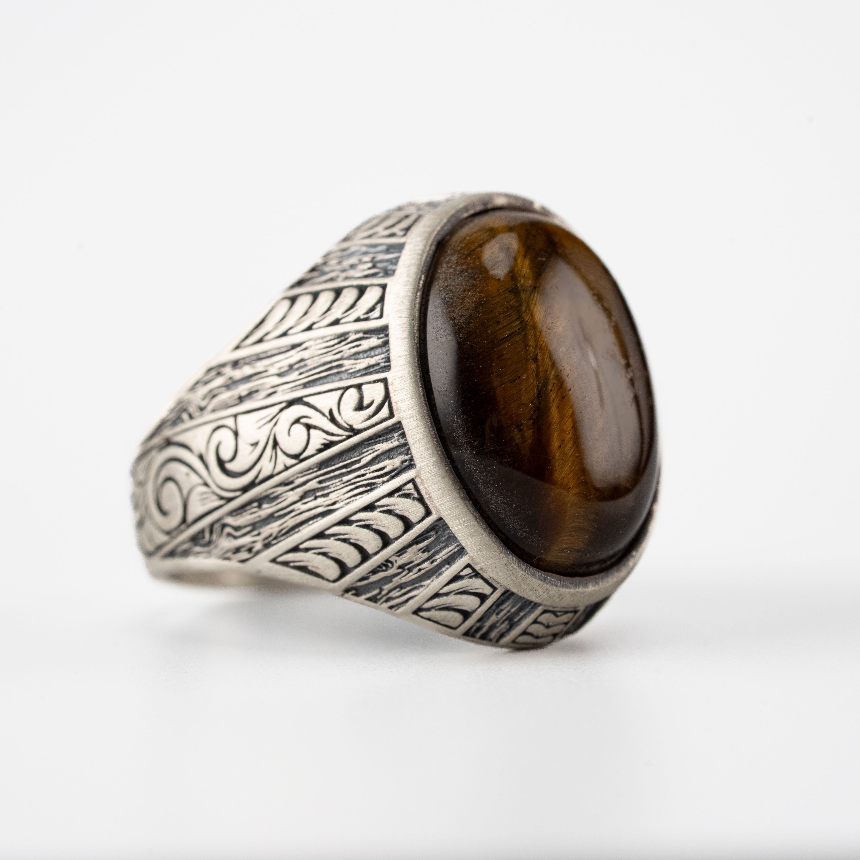 Tiger's Eye Ring – Sterling Silver Signet with Floral Engraved Band and Brown Gemstone