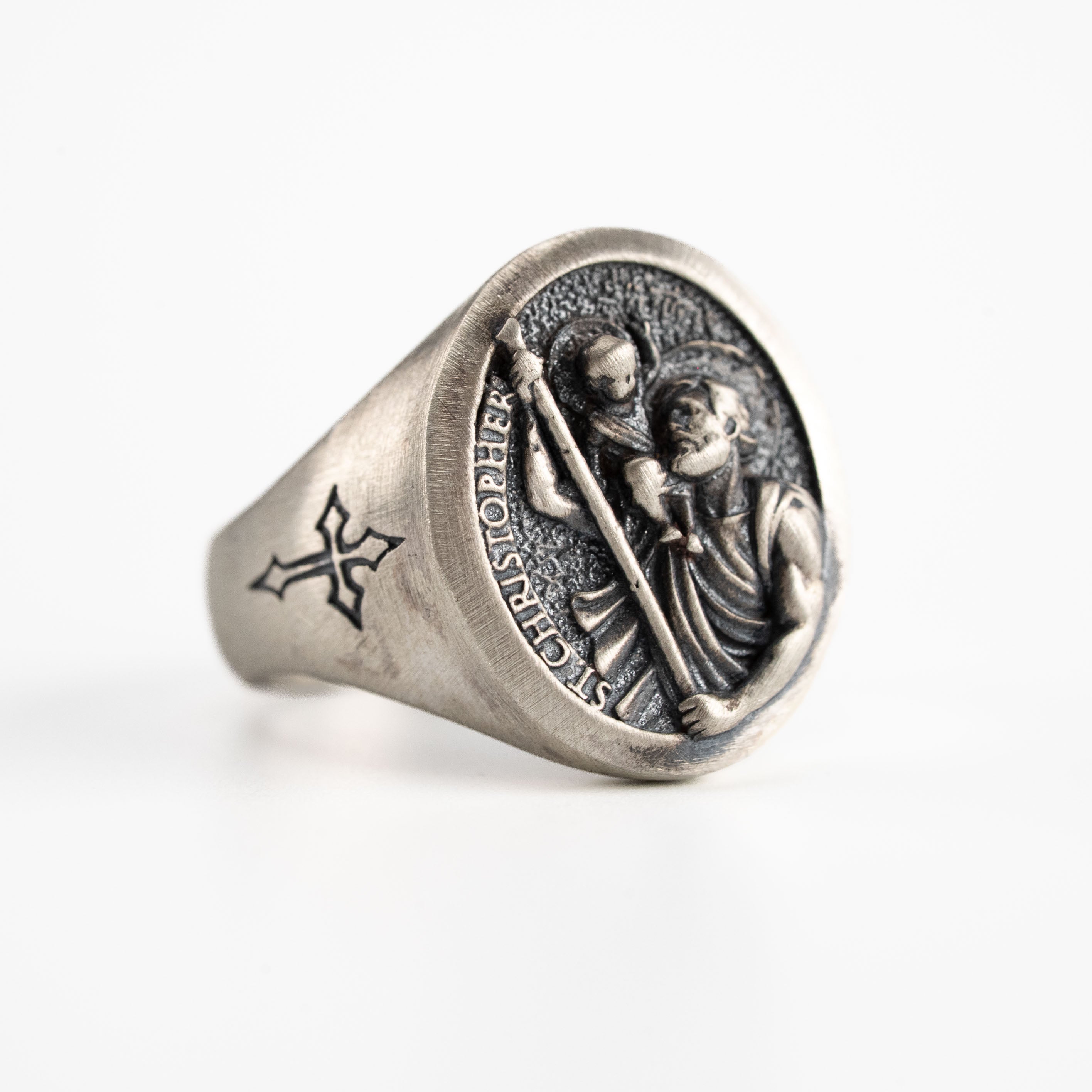 Saint Christopher Ring - Handmade Sterling Silver Signet Band with Oxidized Detail