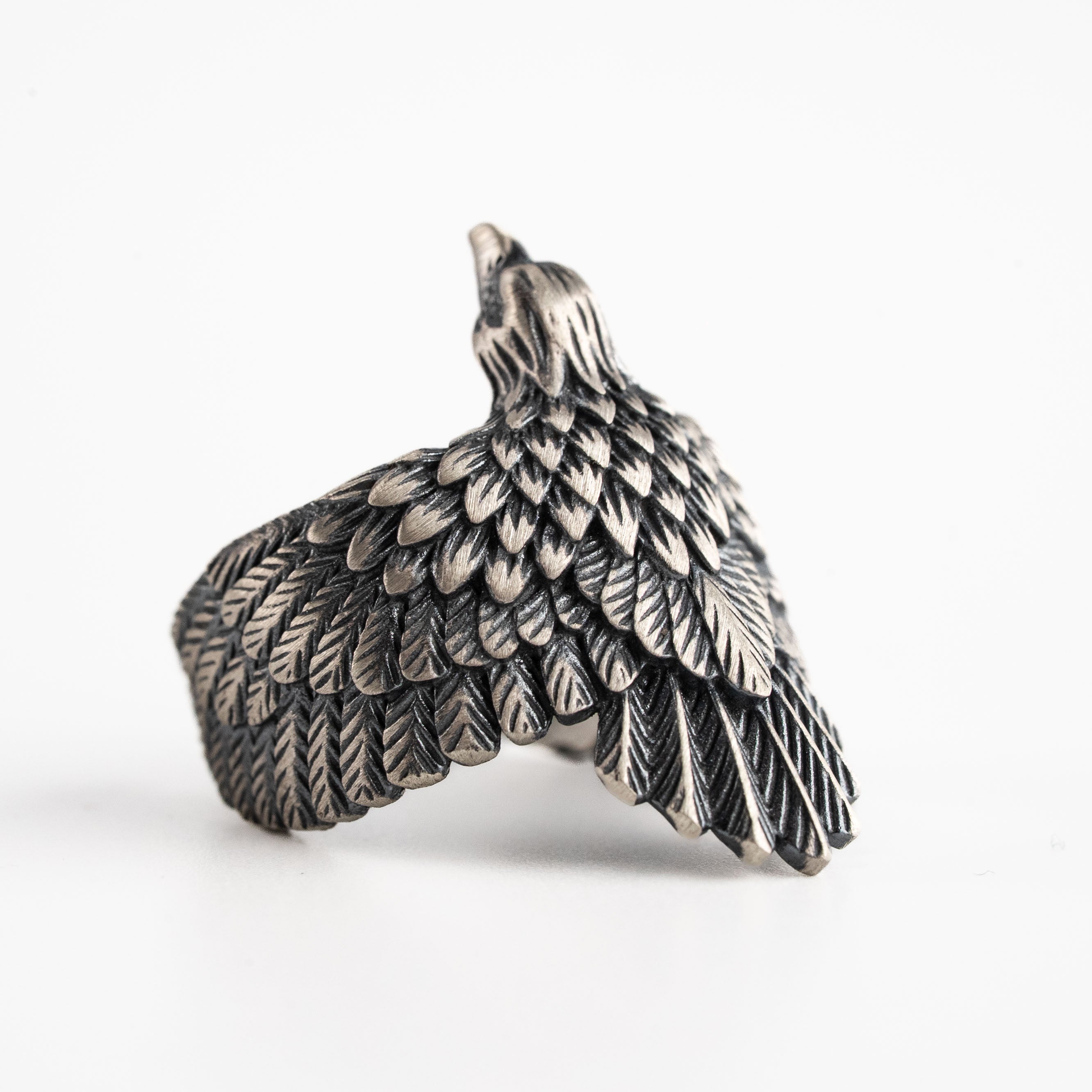 925 Sterling Silver Ring - Gothic Eagle Wing Signet with Oxidized Finish