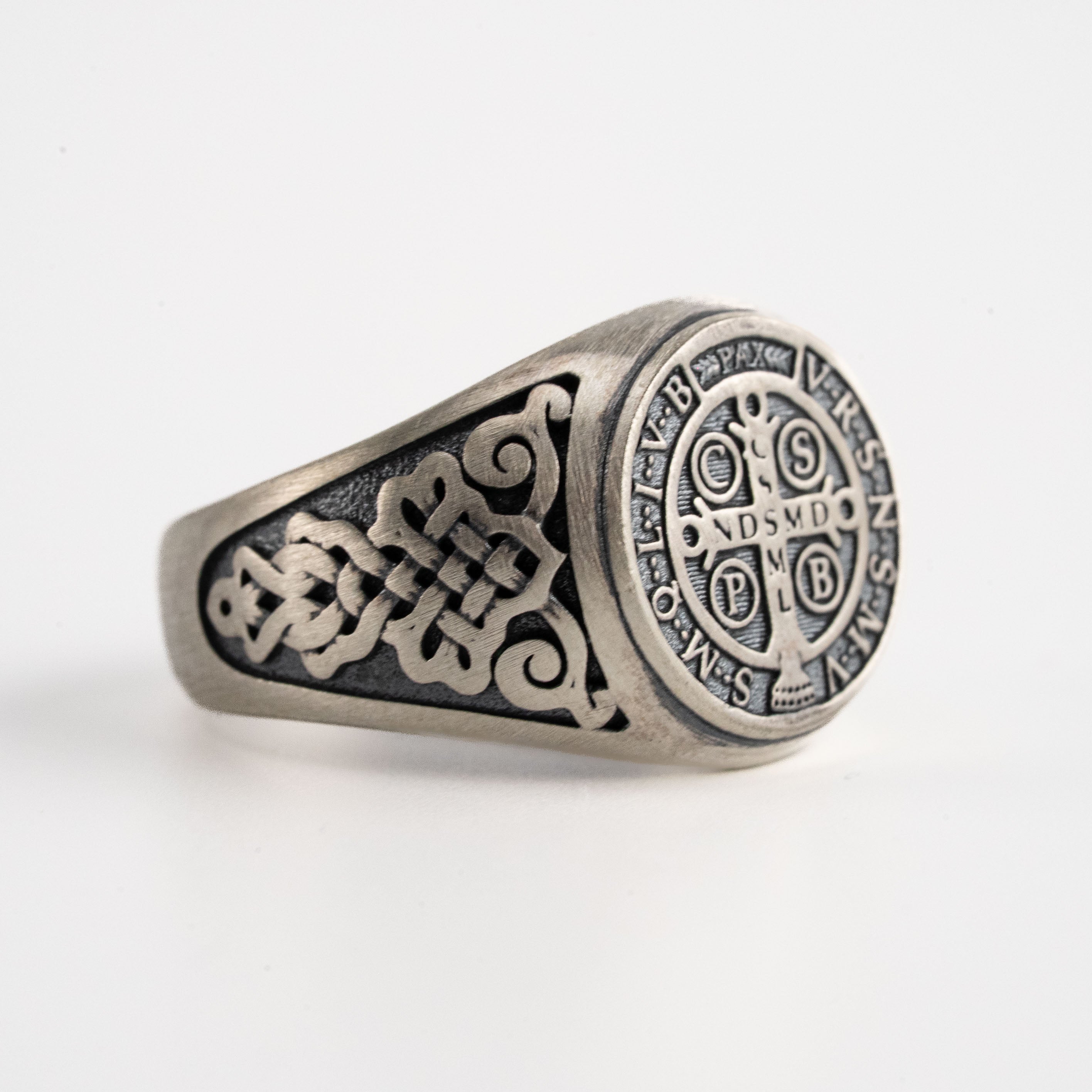 St Benedict Medal Ring - Handmade Sterling Silver Signet With Latin Inscription