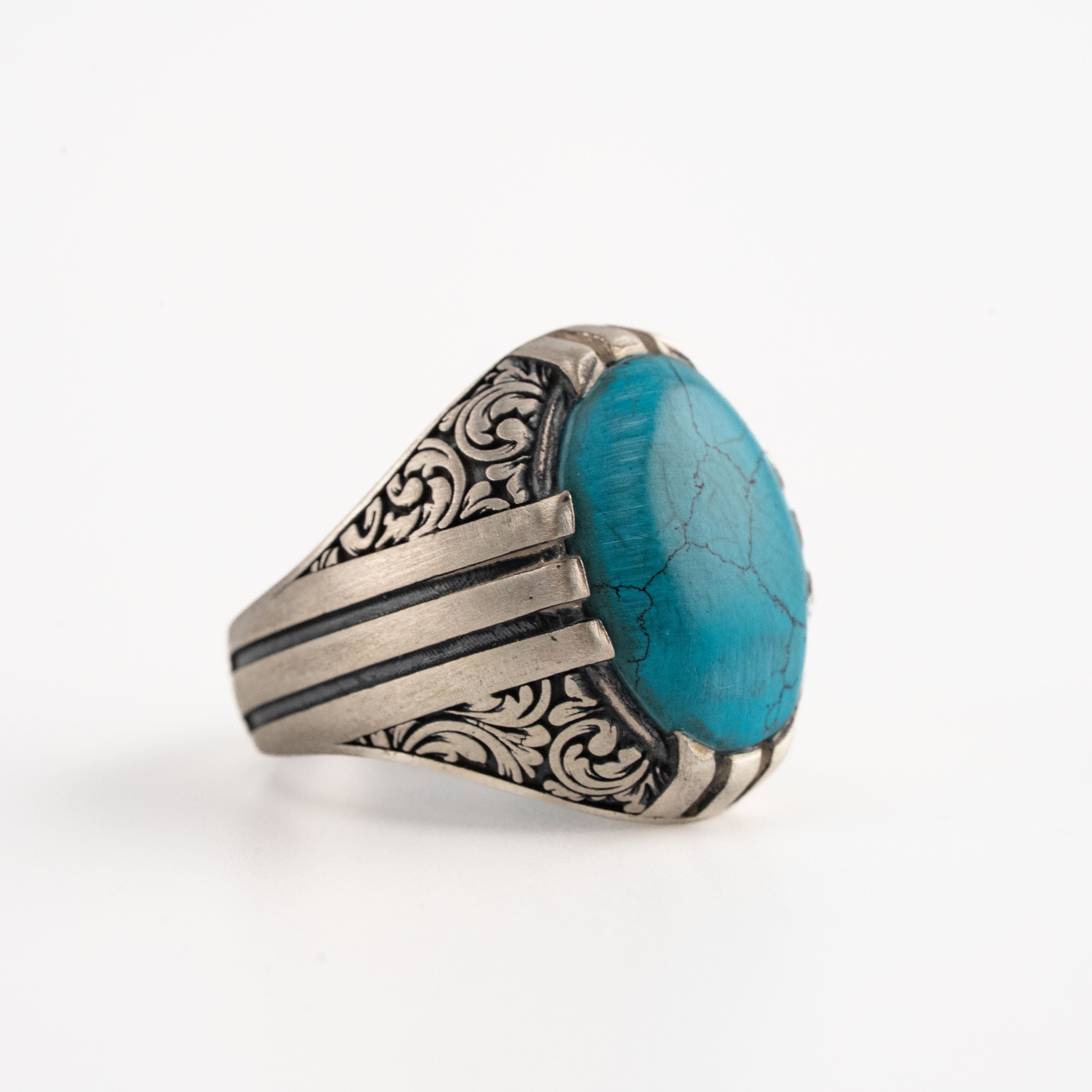 Turquoise Ring Sterling Silver – Handmade Ottoman Engraved Band with Natural Stone