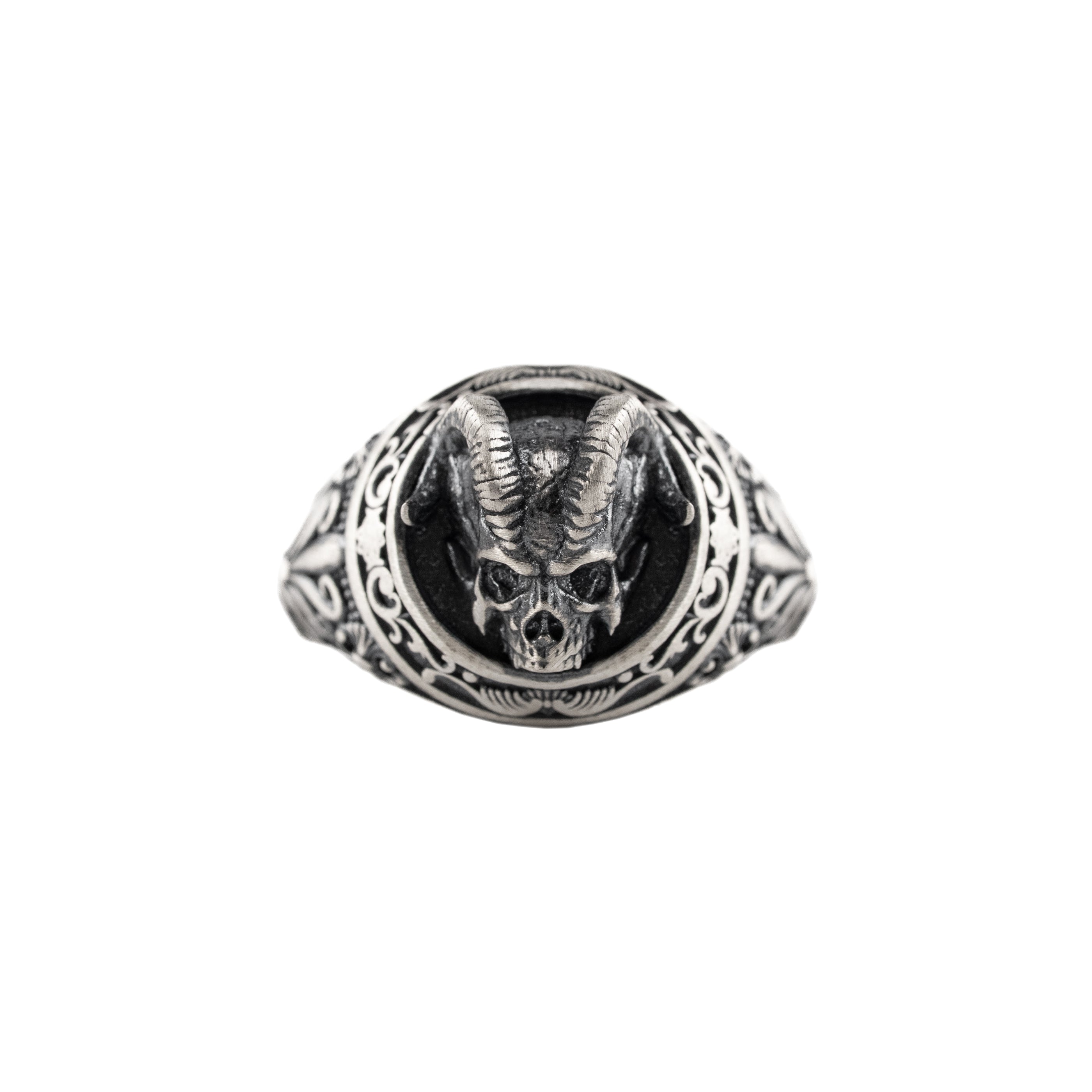 Demon Horns Skull Ring – 925 Sterling Silver Gothic Biker Horned Skull Band