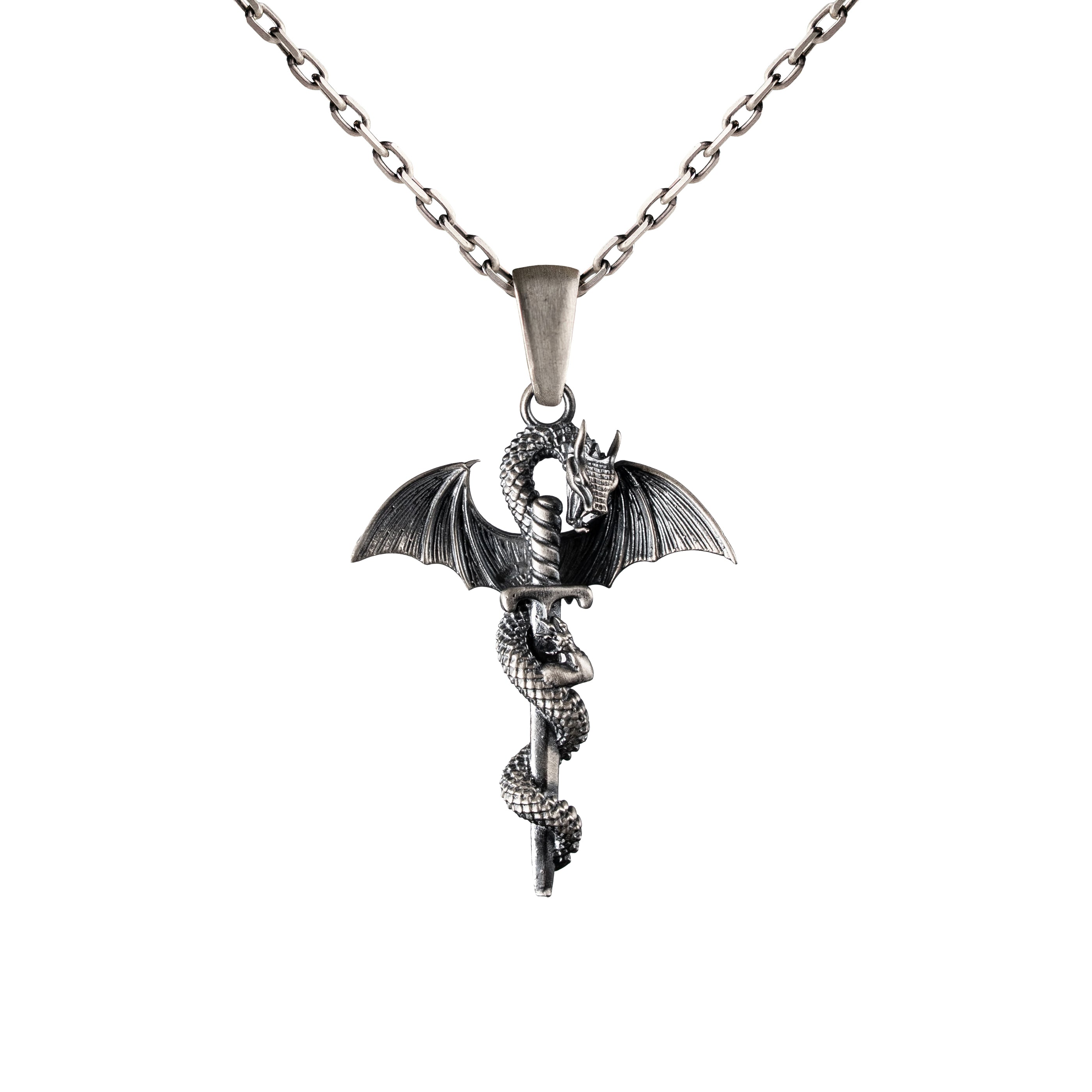 Dragon Sword Pendant Sterling Silver Gothic Mythical Charm Necklace