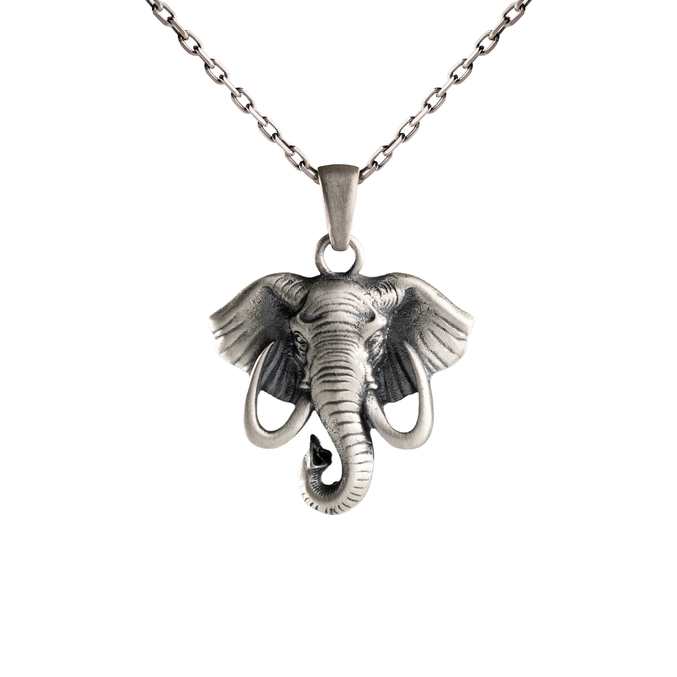 Sterling Silver Elephant Necklace – Gothic African Pendant with Trunk Up Charm