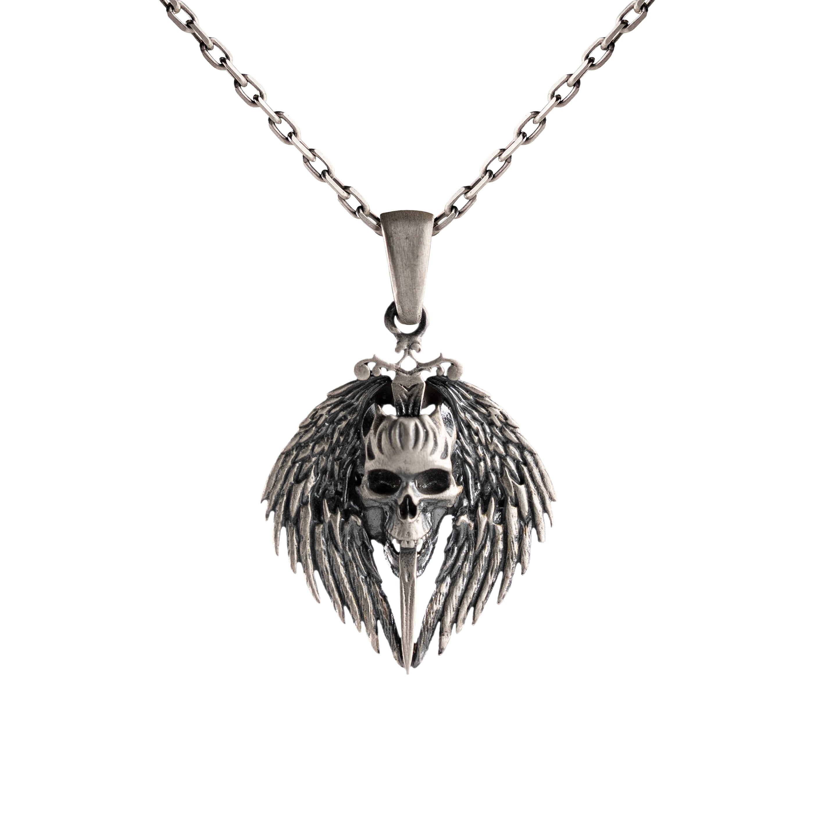 Gothic Skull Sword Pendant Sterling Silver Angel Wing Biker Necklace