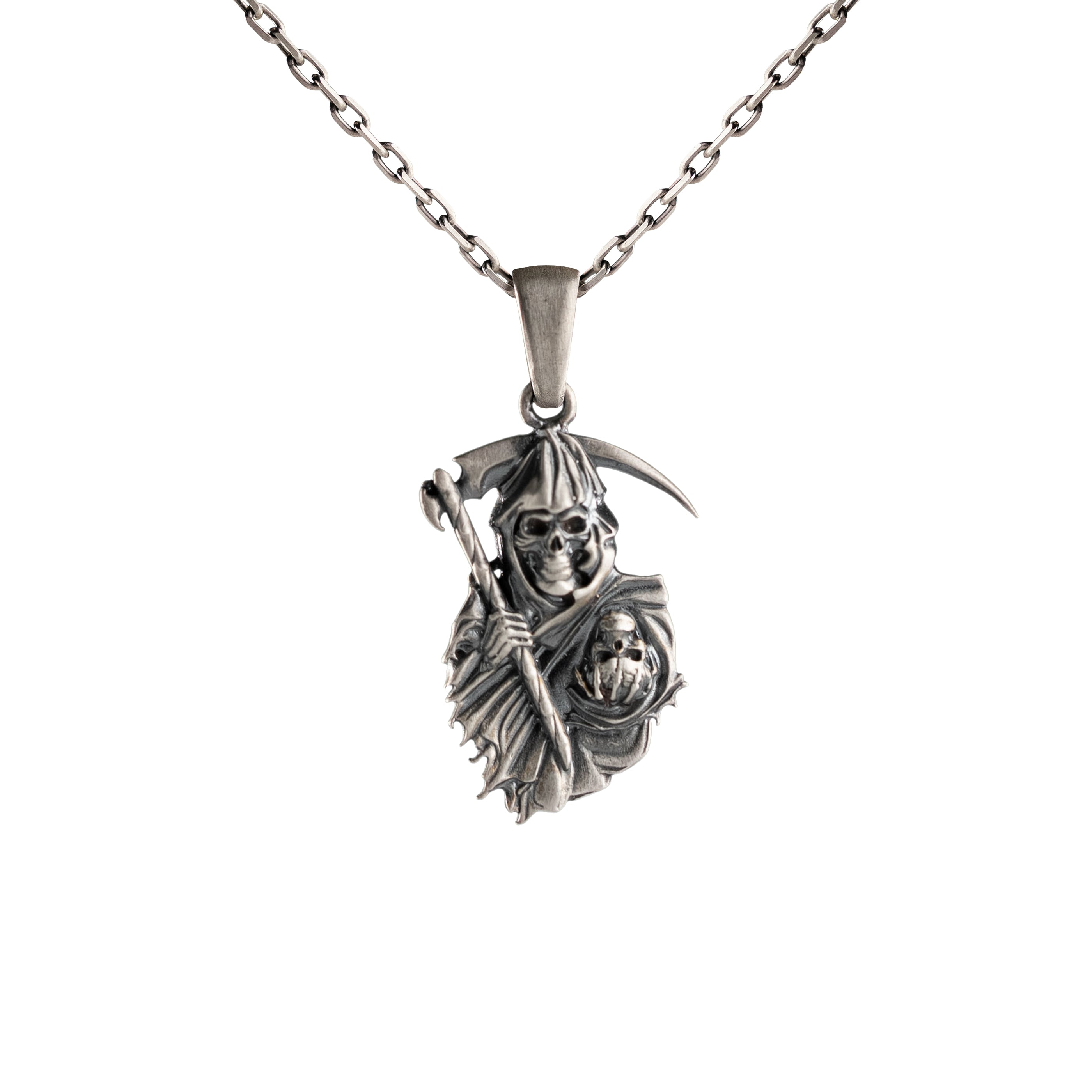 Grim Reaper Necklace Sterling Silver Death Scythe Pendant Gothic Skull Jewelry