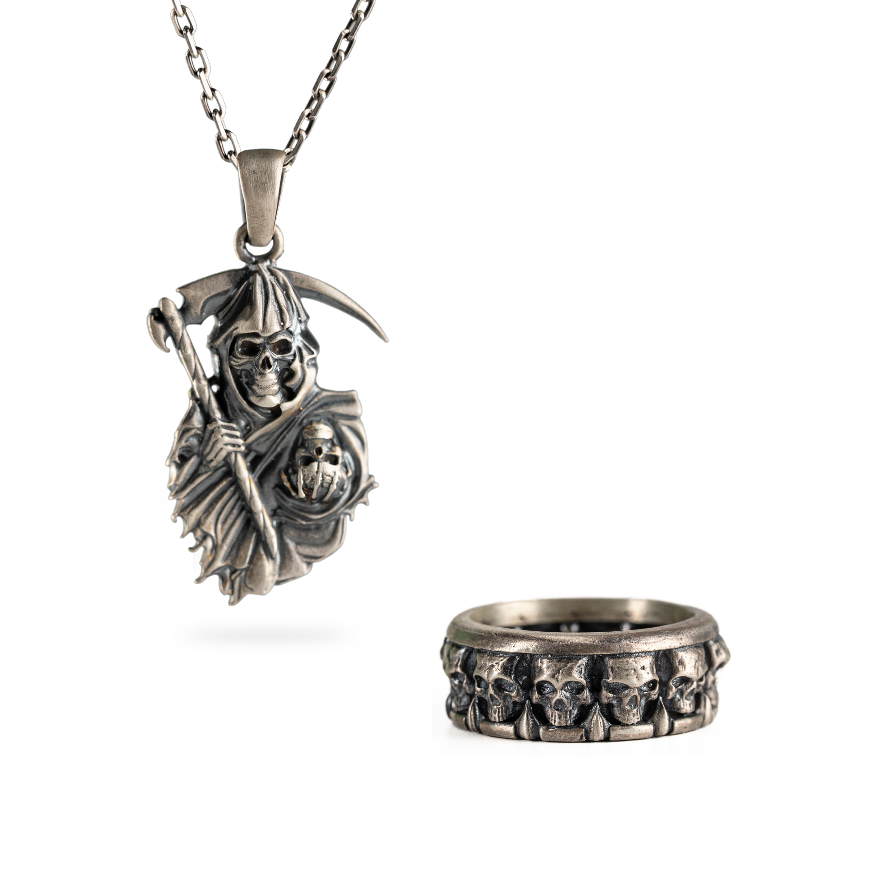 Grim Reaper Silver Jewelry – 925 Sterling Silver Skull Ring and Gothic Pendant Set