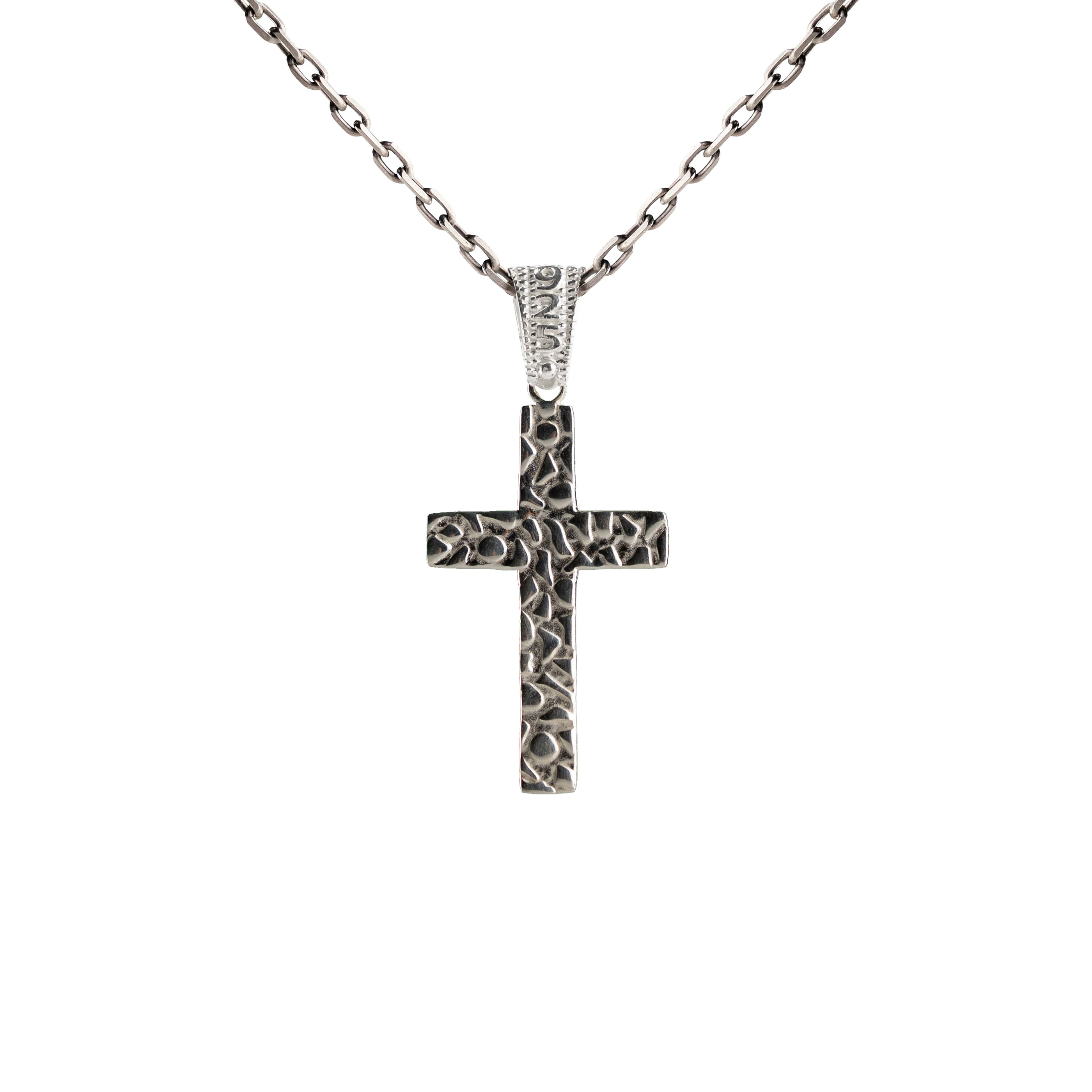 925 Sterling Silver Cross Pendant Hammered Nugget Rustic Faith Necklace