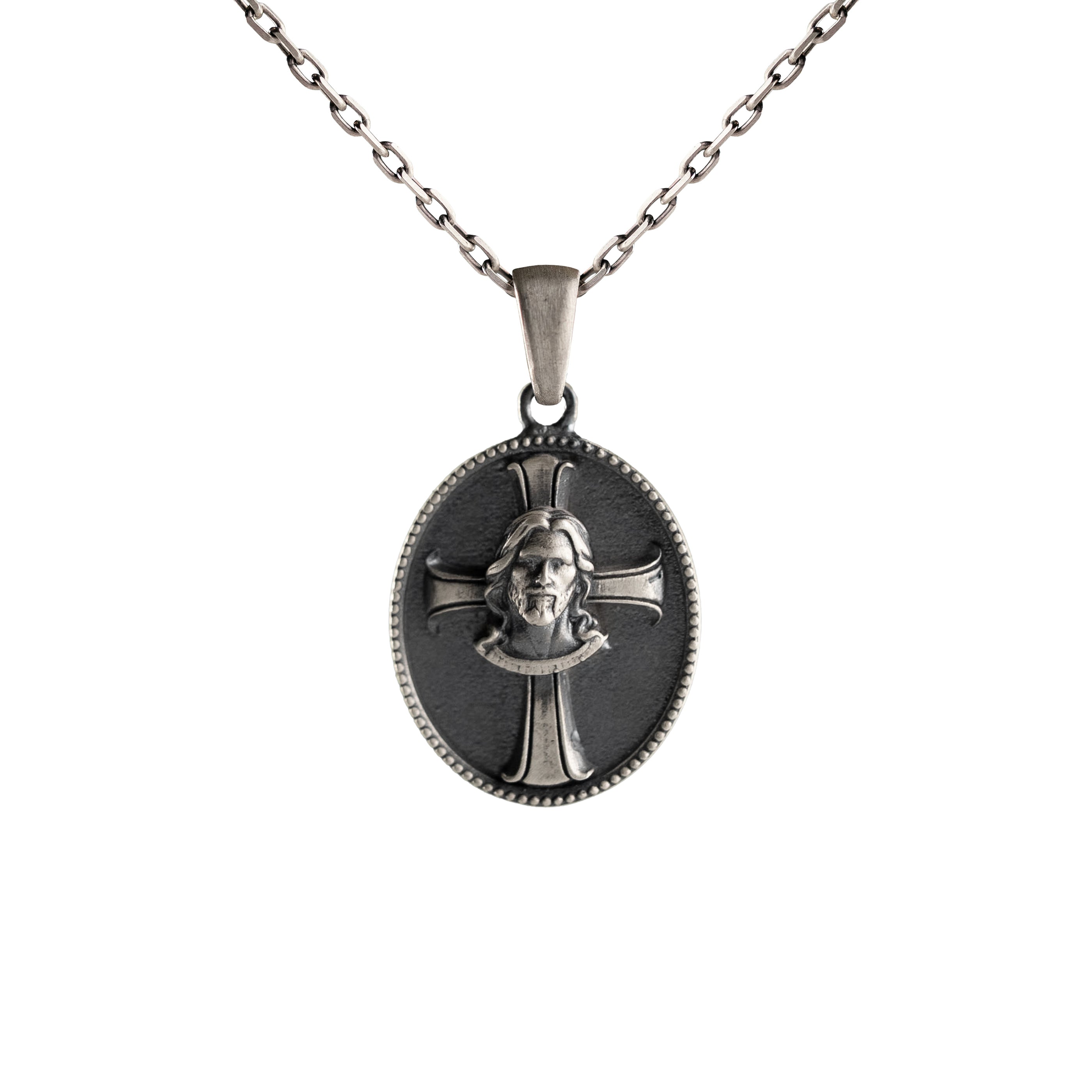 Jesus Christ Necklace Sterling Silver Gothic Cross Pendant Mens Biker Jewelry