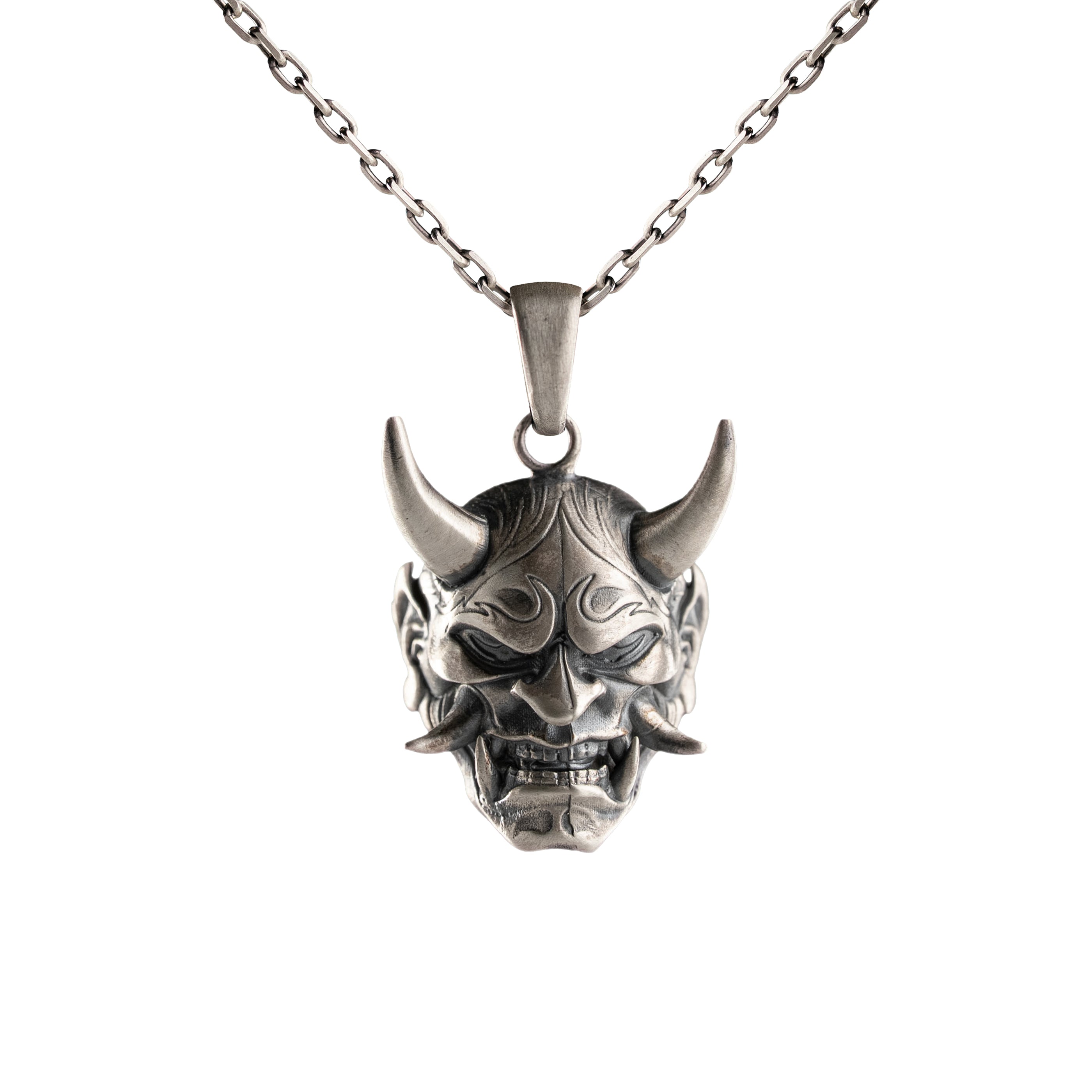 Hannya Mask Necklace – Japanese Oni Pendant 925 Sterling Silver Gothic Warrior Pendant