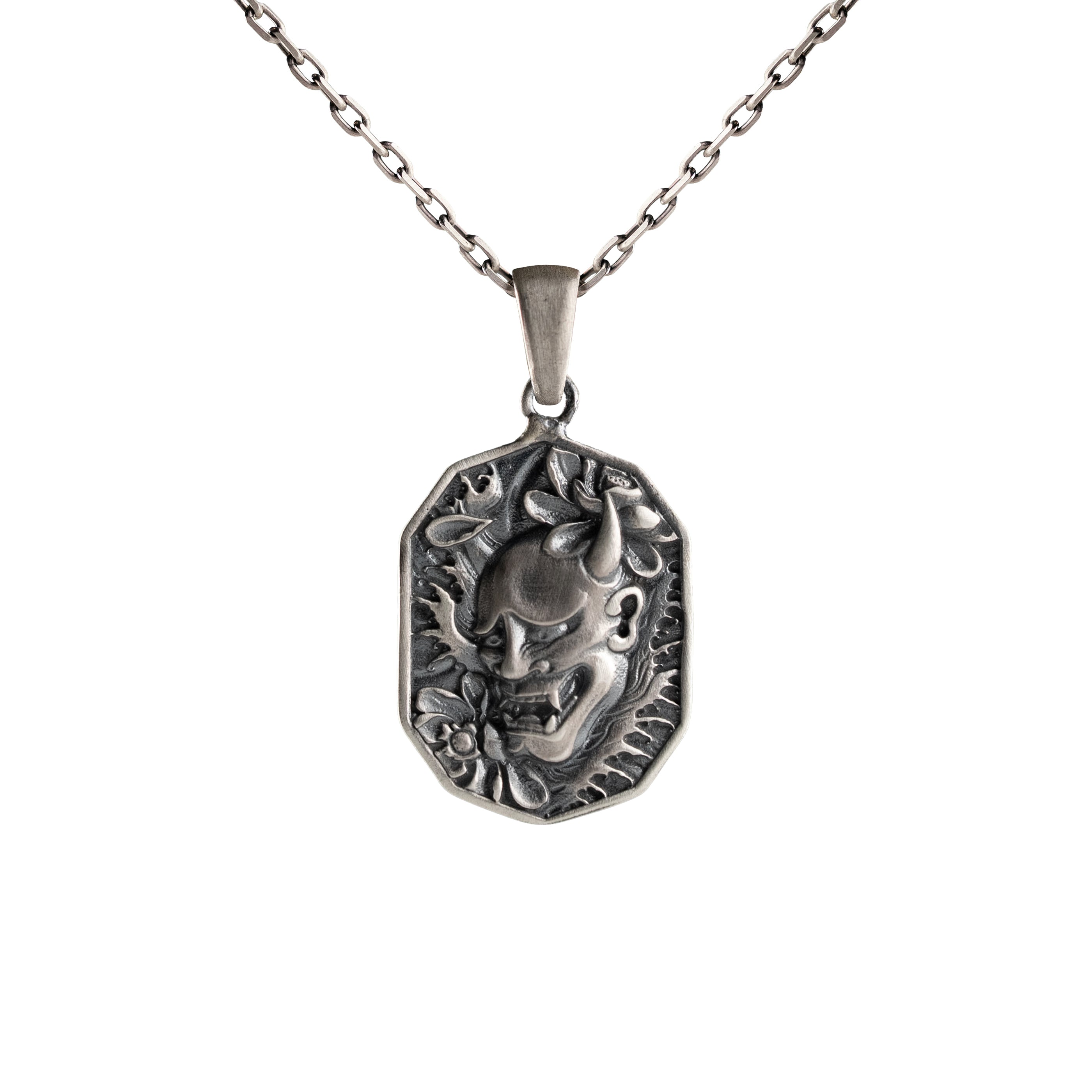 Hannya Necklace – Sterling Silver Oni Mask Pendant with Samurai Amulet Design