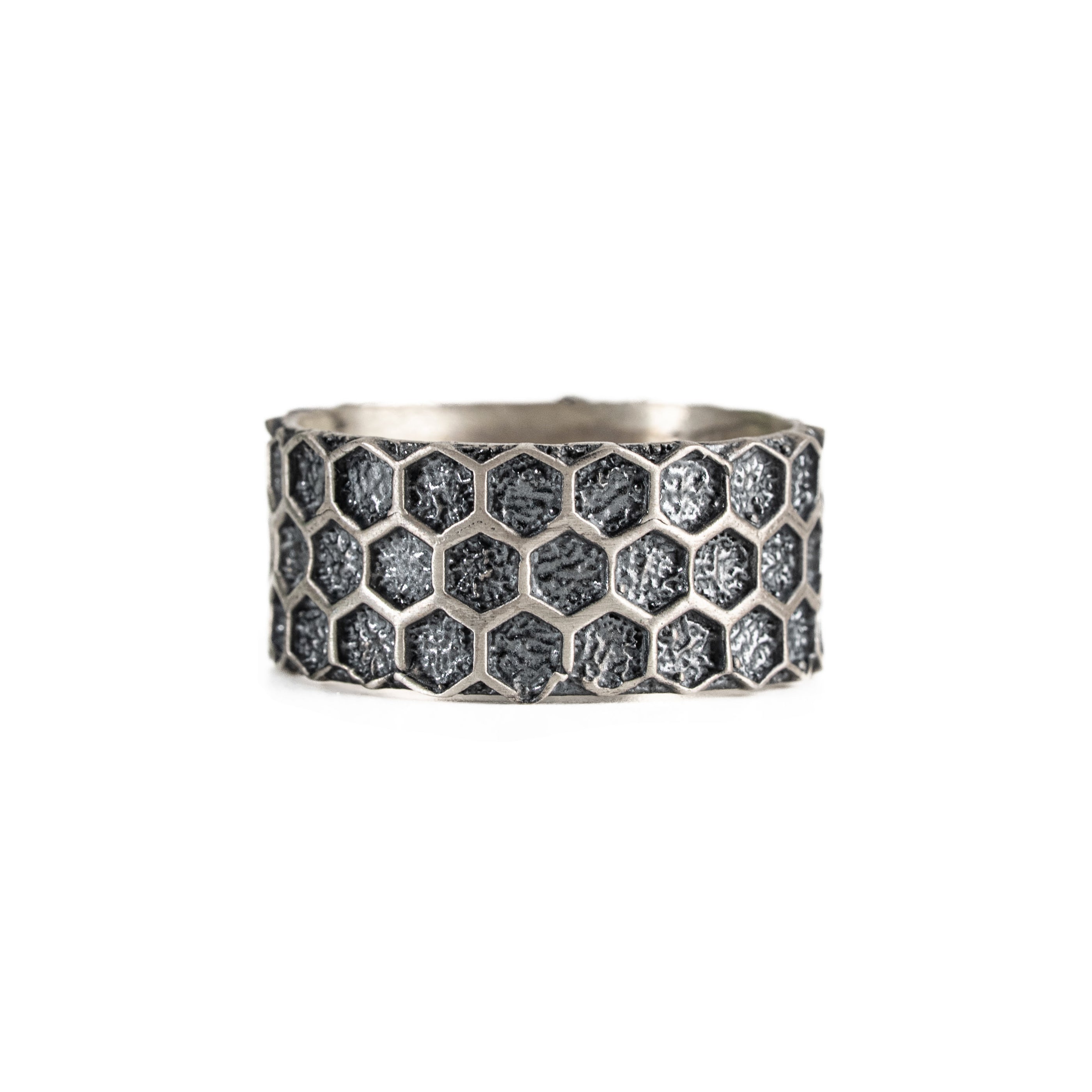 Honeycomb Silver Ring – Handmade Geometric Band with Hexagon Wedding Design