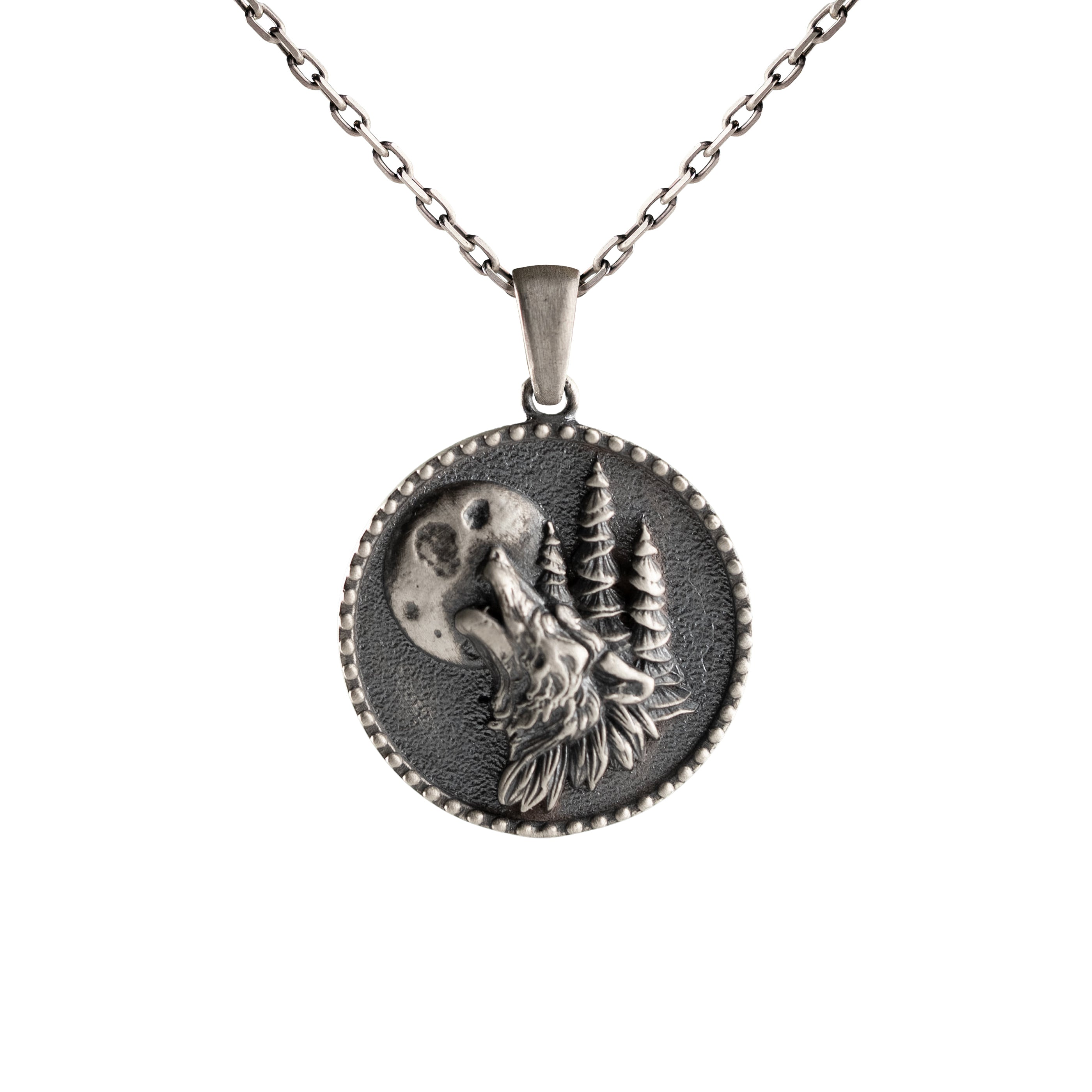 Howling Wolf Pendant - Handmade 925 Sterling Silver Full Moon Necklace