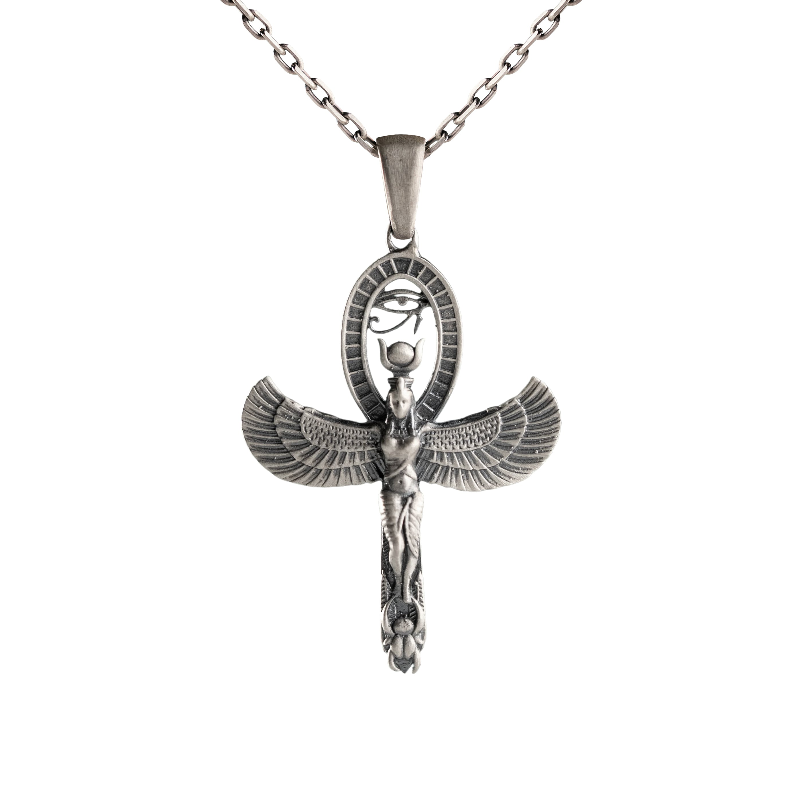 Isis Ankh Pendant – Handmade Sterling Silver Winged Goddess Jewelry with Eye of Horus Charm