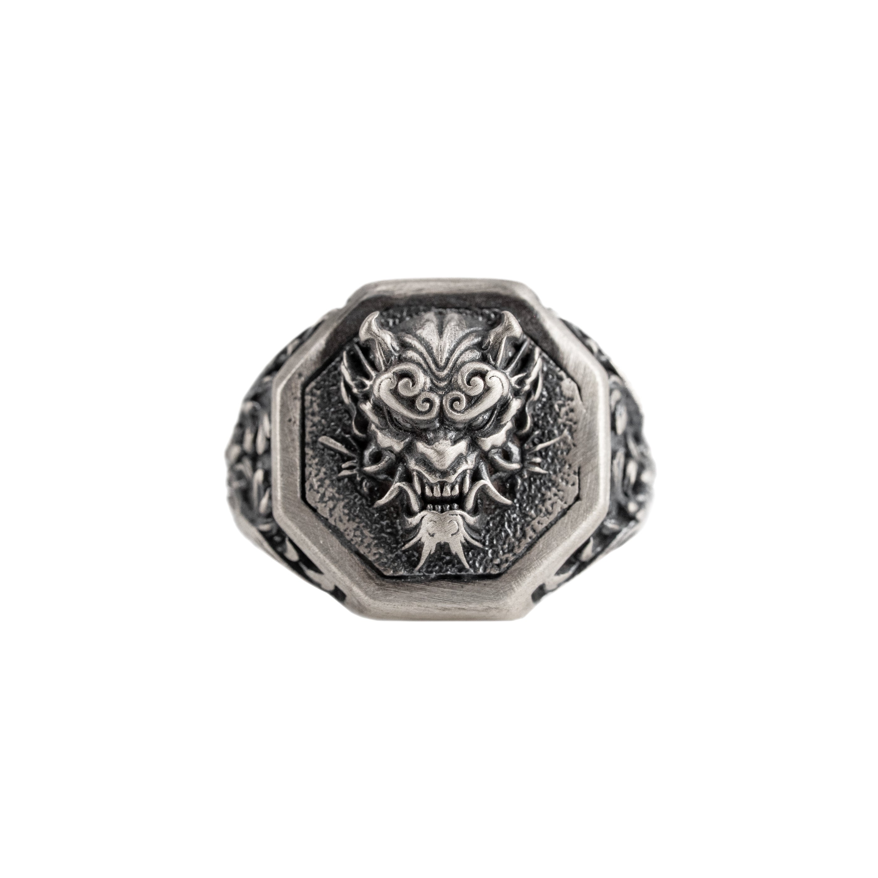 Japanese Oni Mask Ring Sterling Silver Samurai Signet Biker Gothic Jewelry