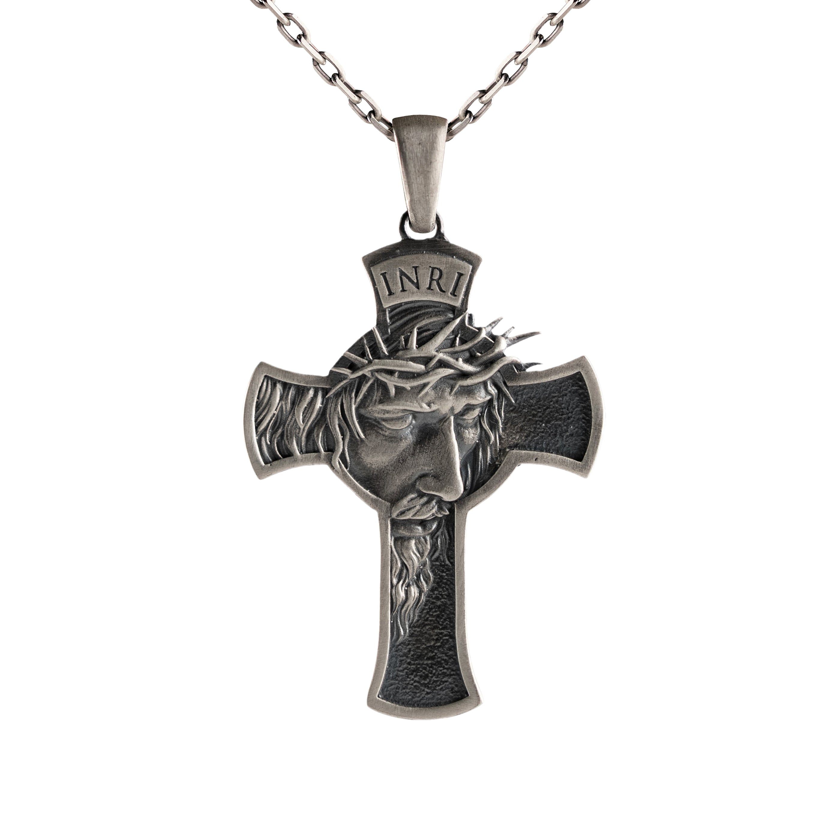 Jesus Cross Pendant Sterling Silver Necklace – Handmade INRI Engraved Faith Symbol
