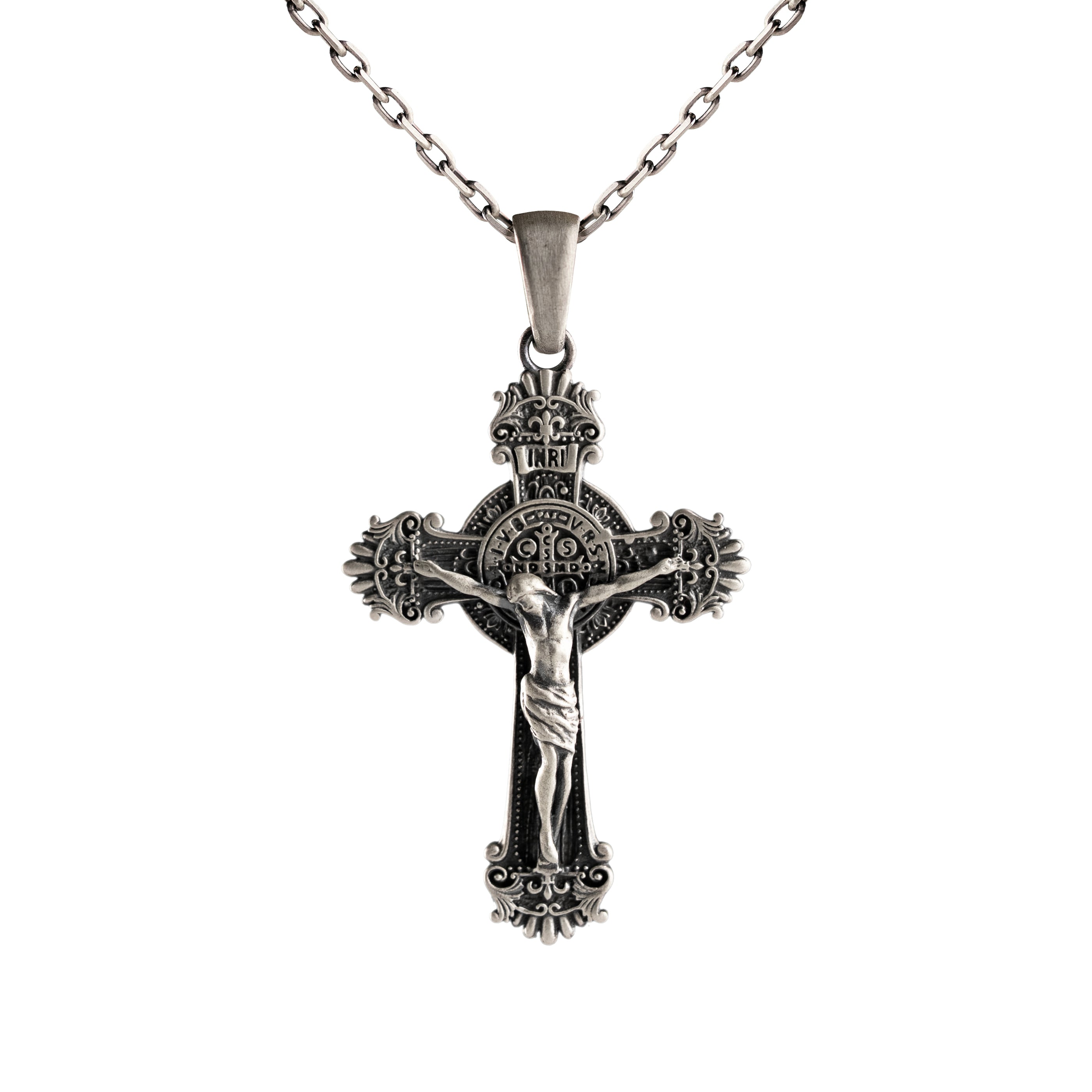 Jesus Crucifix Necklace – Sterling Silver Benedict Cross Pendant Gothic Religious Jewelry