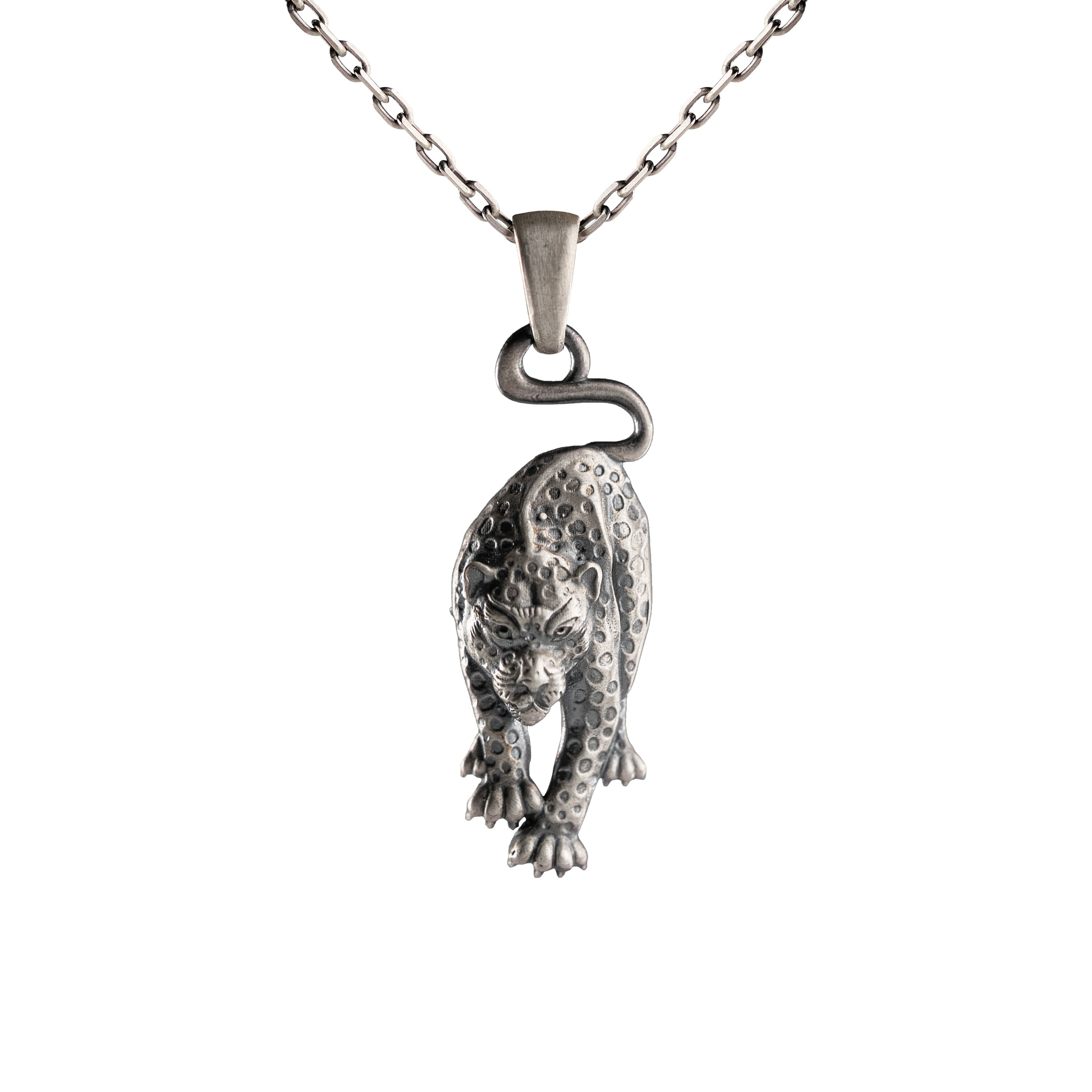 Leopard Silver Pendant - Sterling Silver Wild Cat Necklace with Panther Charm