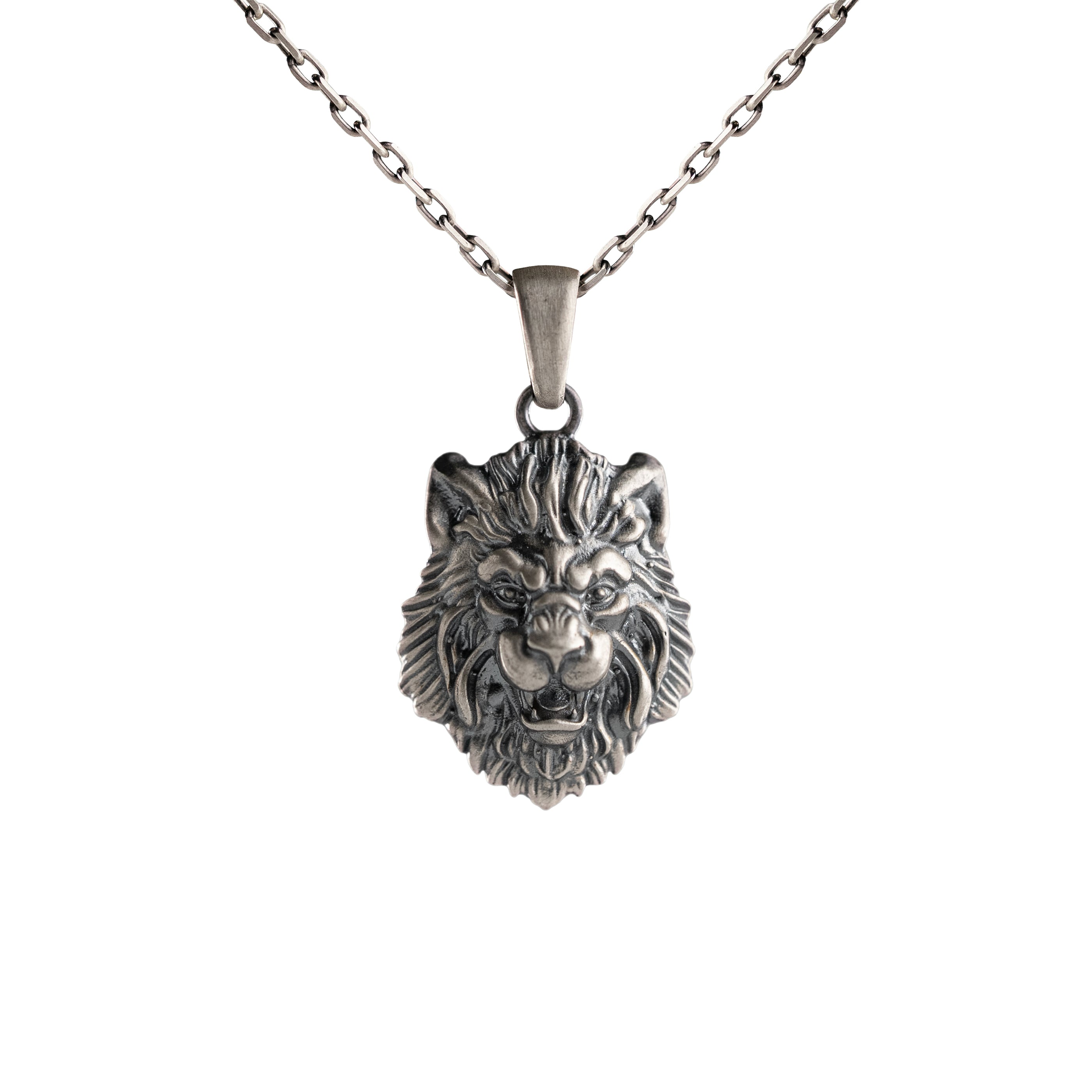 Lion Head Necklace Sterling Silver Pendant Oxidized Wild Lion Jewelry