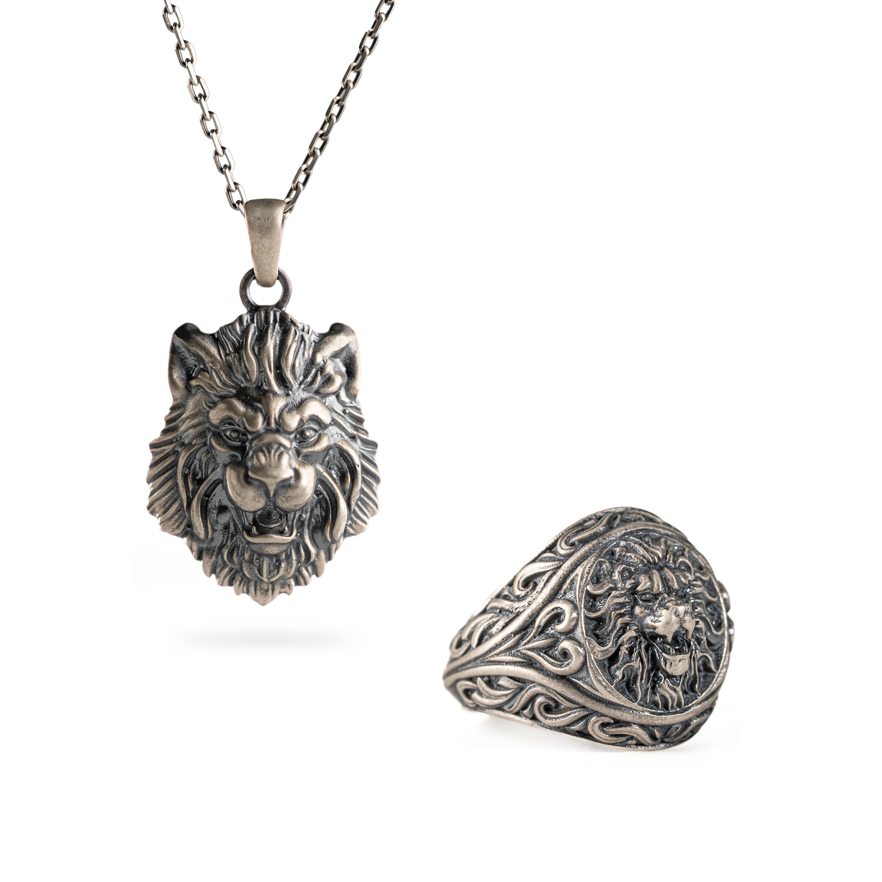 Lion Head Silver Set – Sterling Silver Pendant & Ring with Bold Zodiac Lion Design