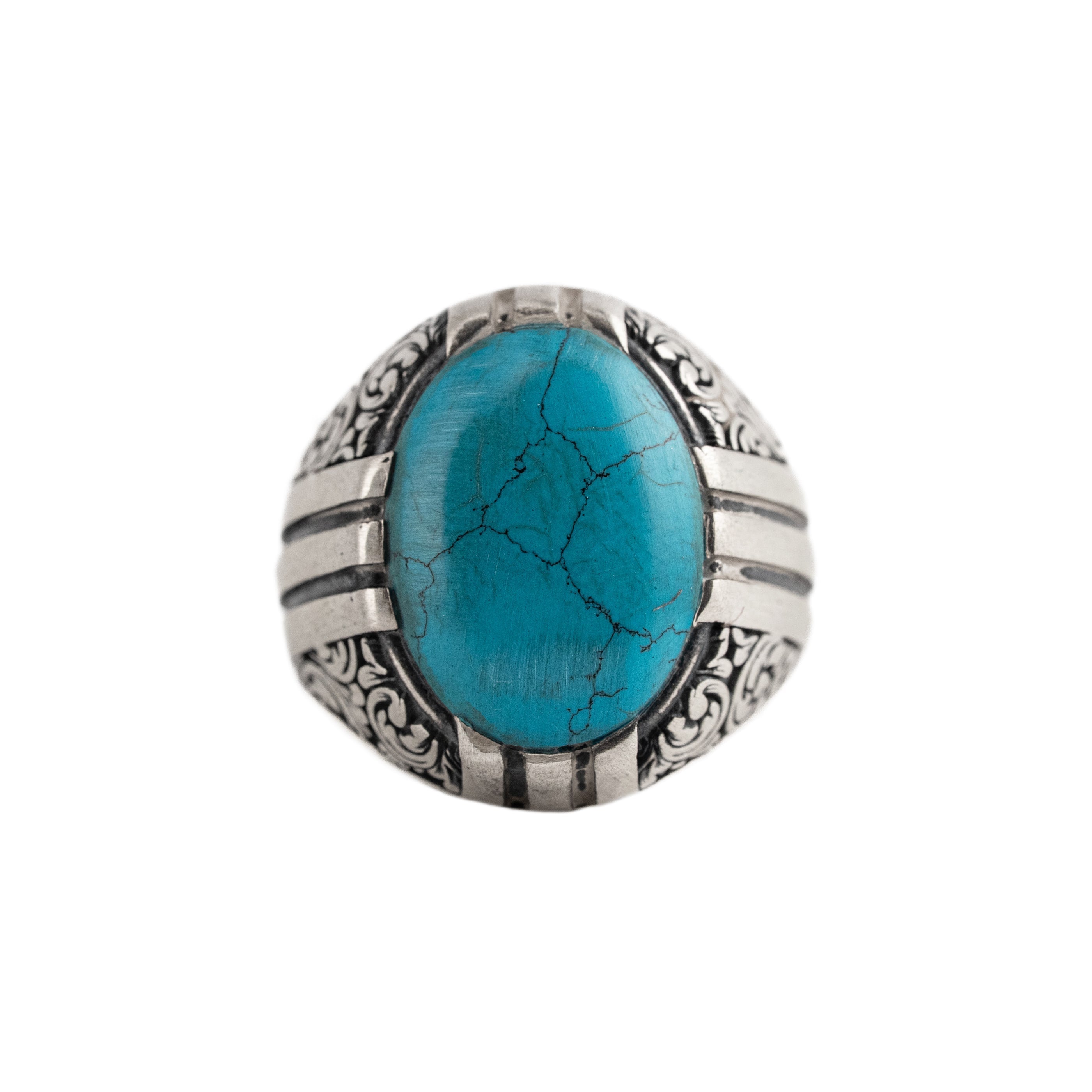 Turquoise Ring Sterling Silver – Handmade Ottoman Engraved Band with Natural Stone