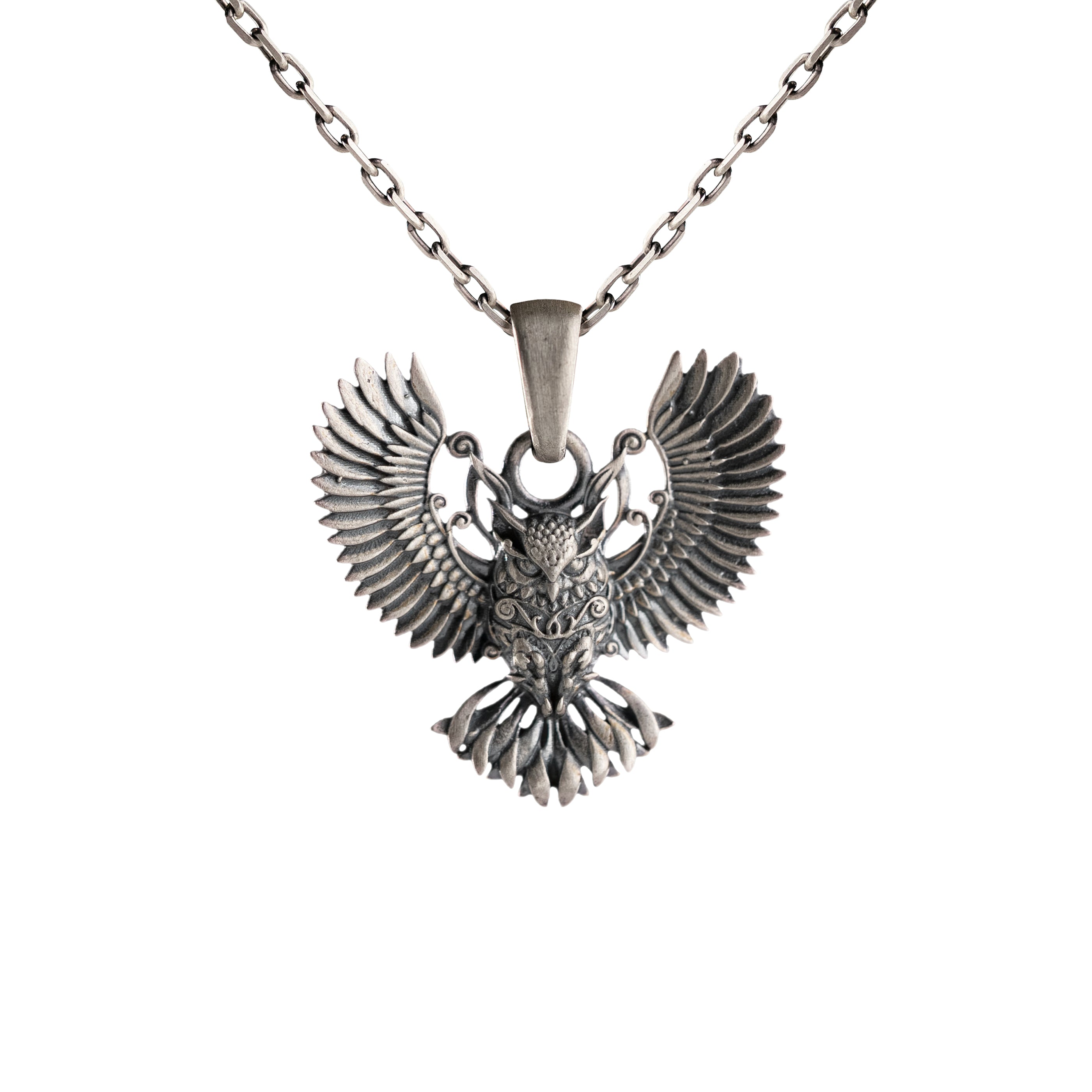 Owl Sterling Silver Necklace – Winged Animal Pendant – Gothic Protection Jewelry