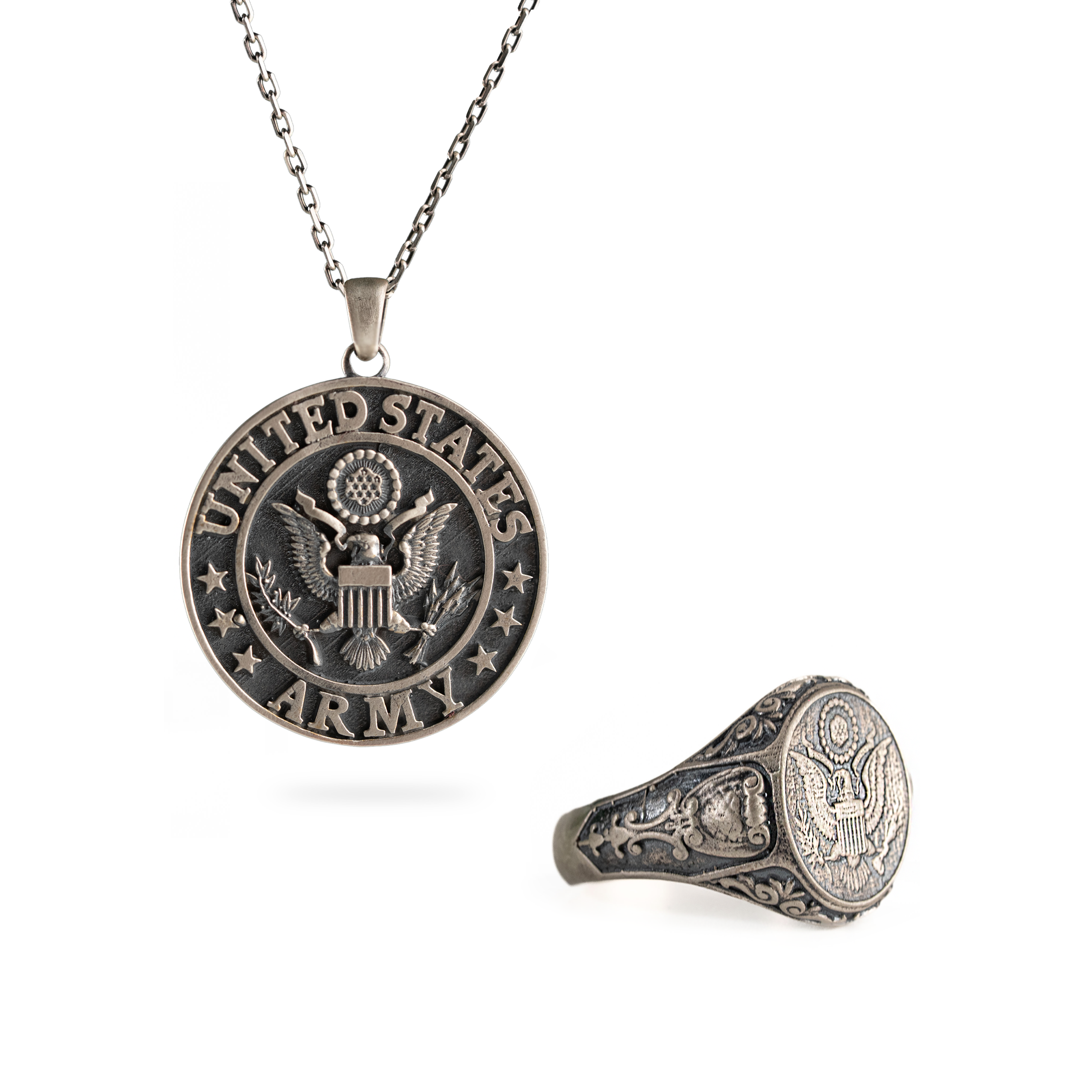 Sterling Silver Jewelry Set – US Army Pendant & American Coat of Arms Ring Gothic Signet