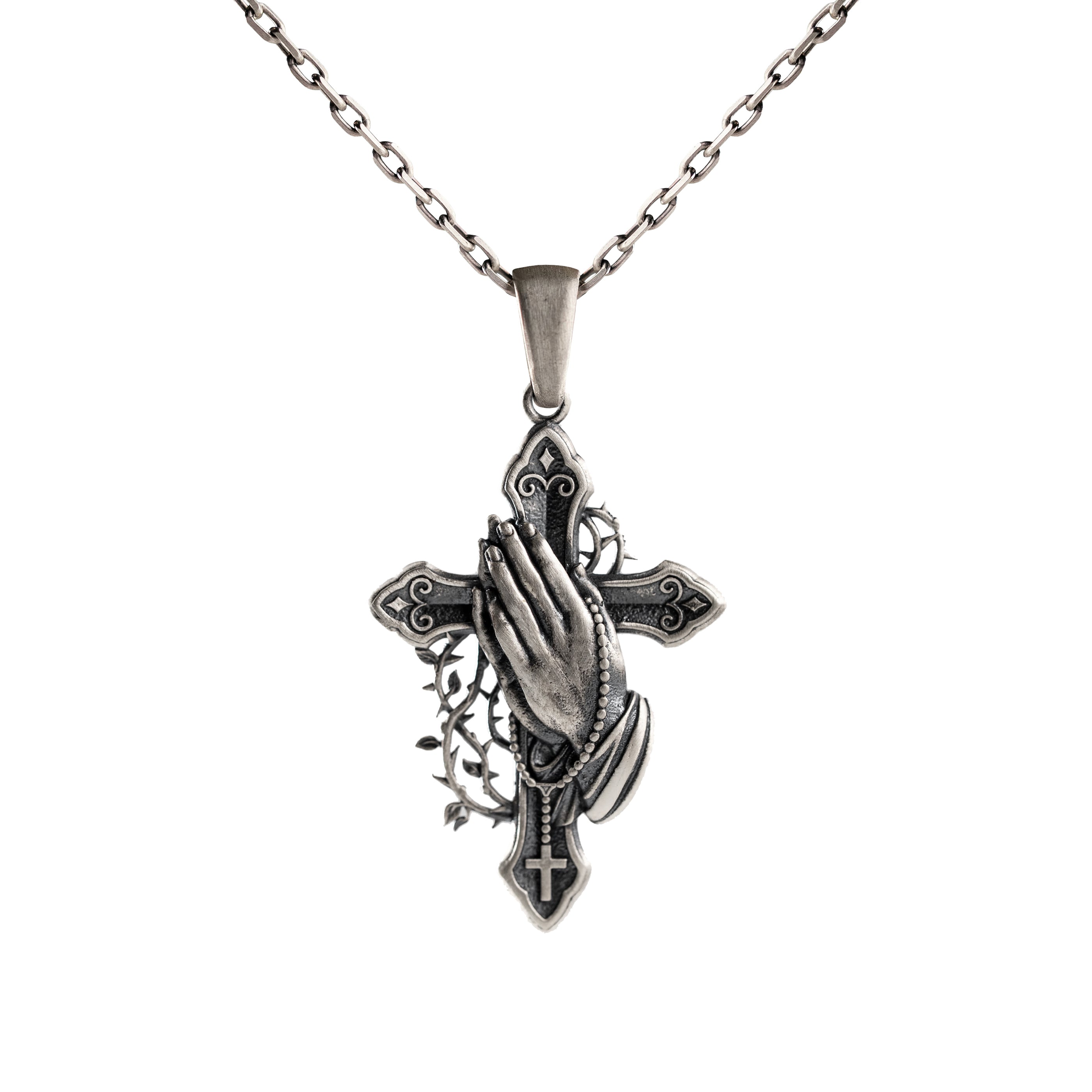 925 Sterling Silver Cross Pendant Praying Hands Crown of Thorns Gothic Necklace