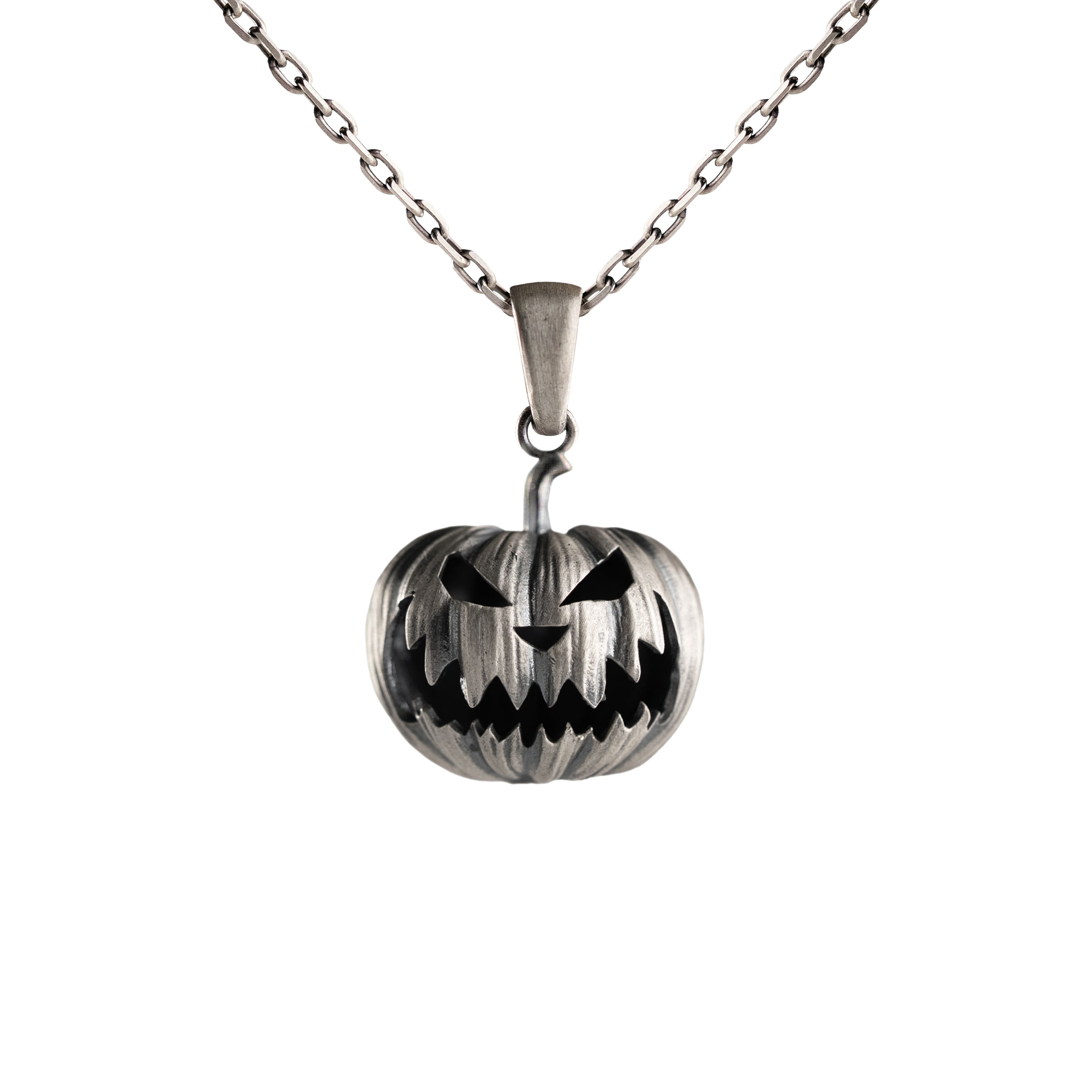 Sterling Silver Pumpkin Necklace – Gothic Jack O Lantern Pendant – Oxidized Charm
