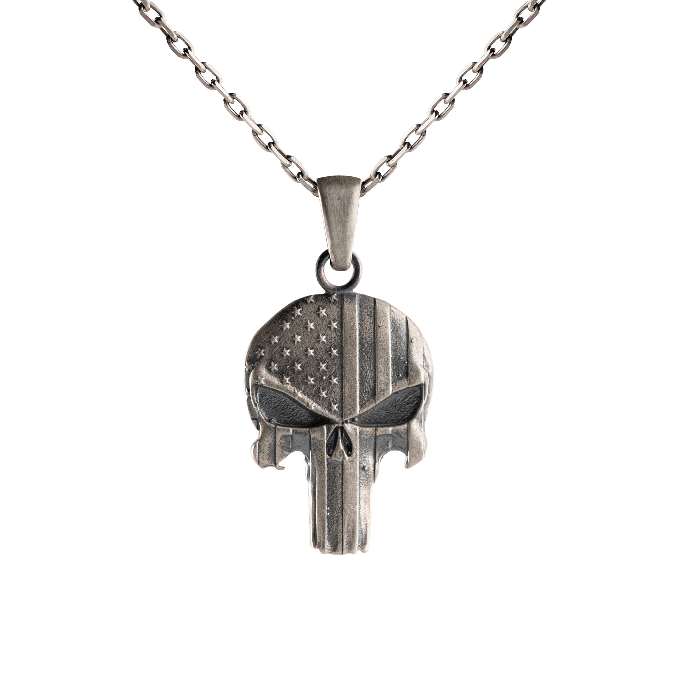 Punisher Skull Necklace - 925 Sterling Silver Pendant With American Flag Design