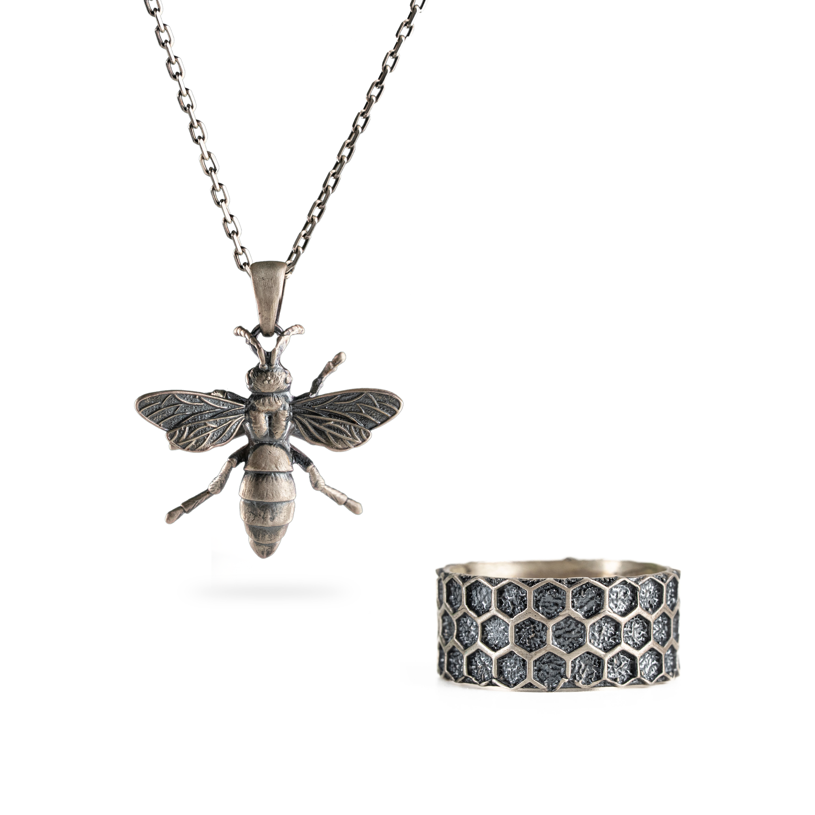 Queen Bee Necklace Sterling Silver Pendant with Honeycomb Ring Gothic Jewelry Set