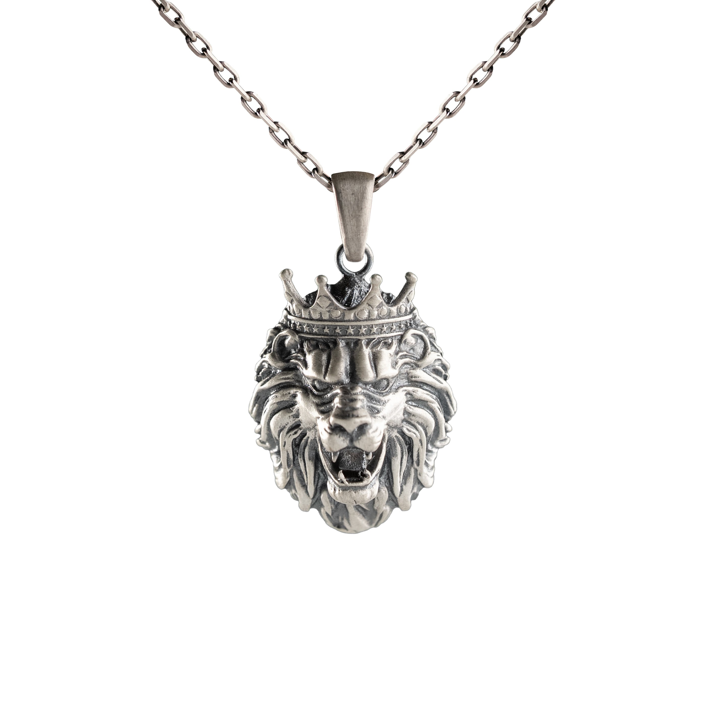 Sterling Silver Lion Pendant - Roaring Lion Crown Necklace - Regal Power Amulet