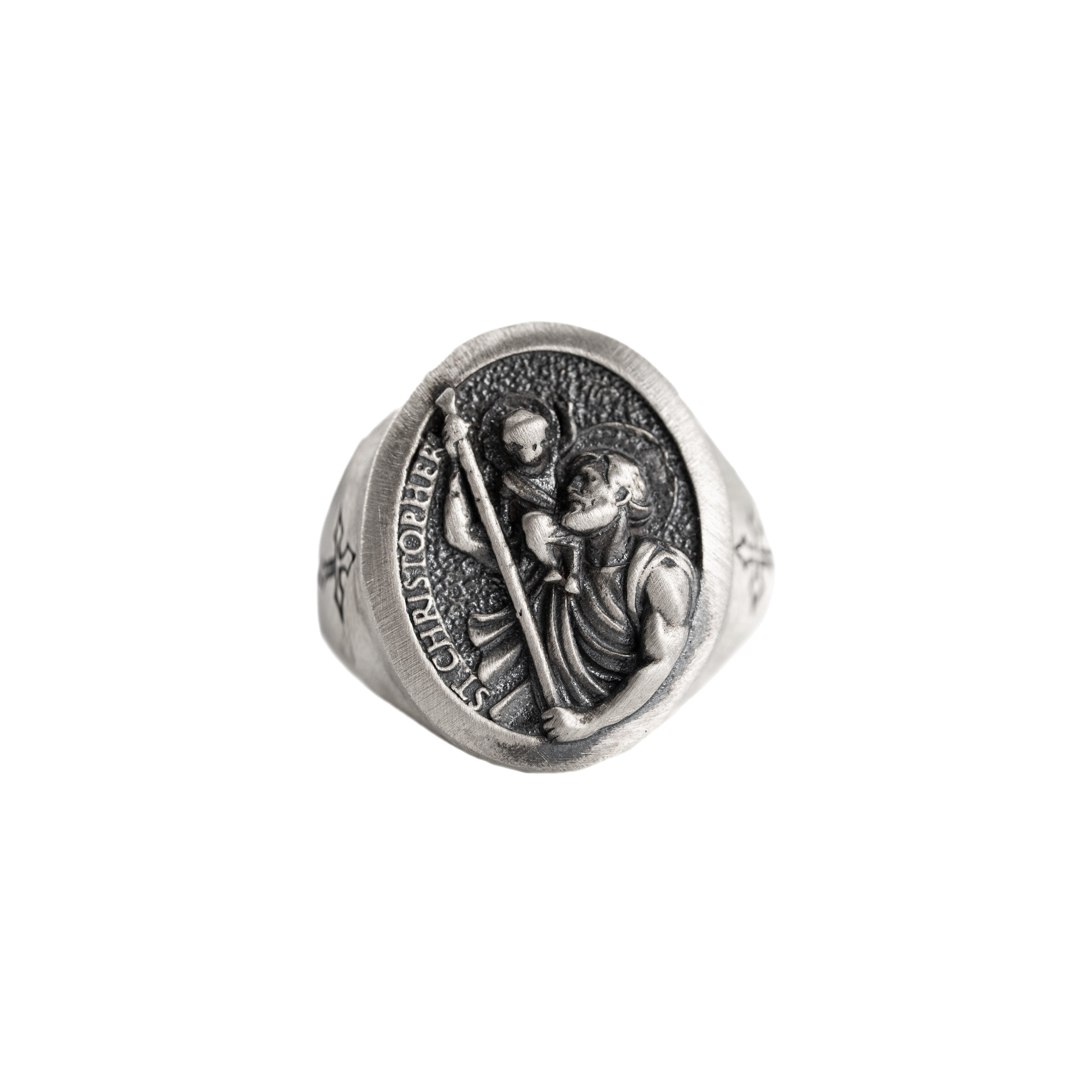 Saint Christopher Ring - Handmade Sterling Silver Signet Band with Oxidized Detail