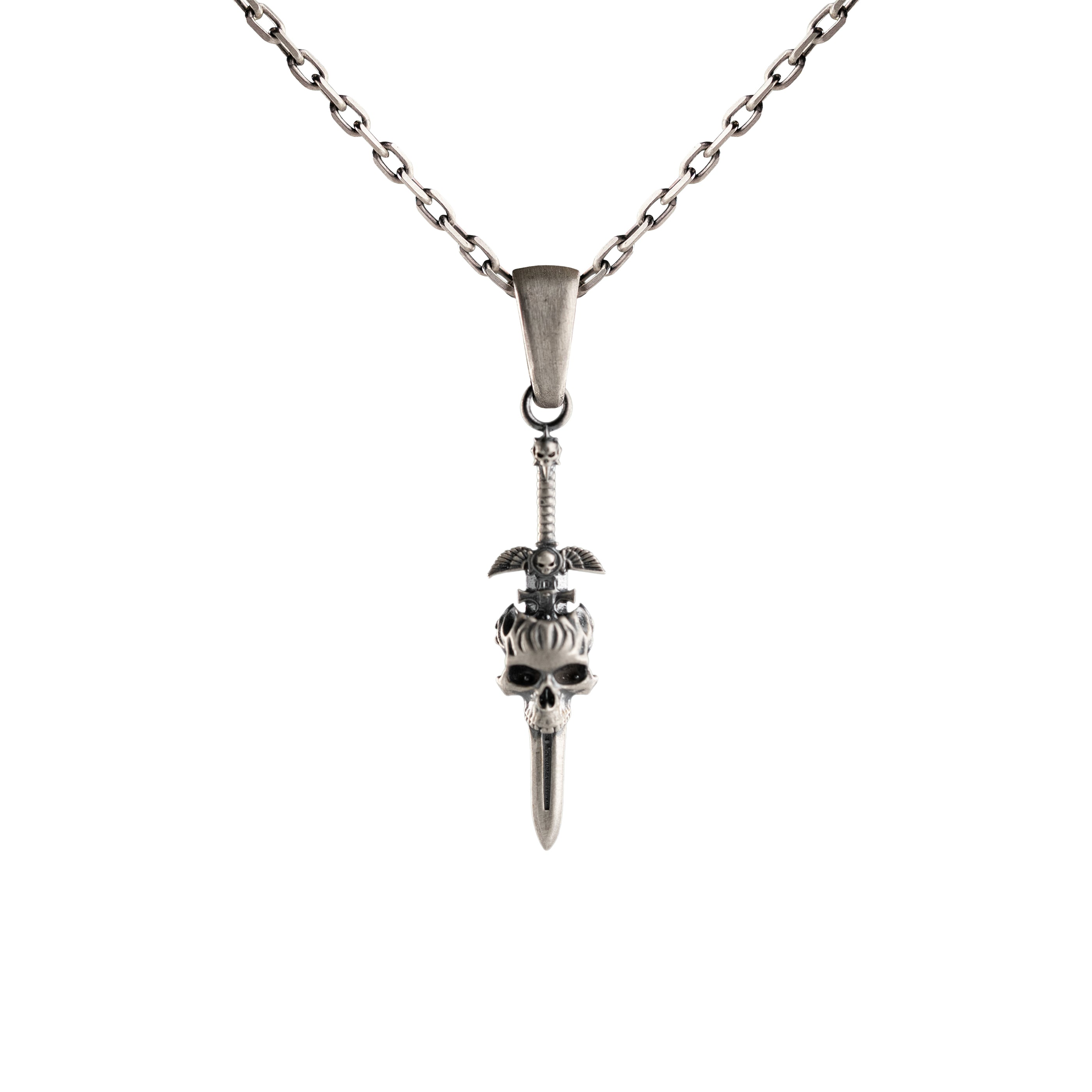 Sterling Silver Skull Pendant - Gothic Cross Sword 925 Silver Viking Necklace