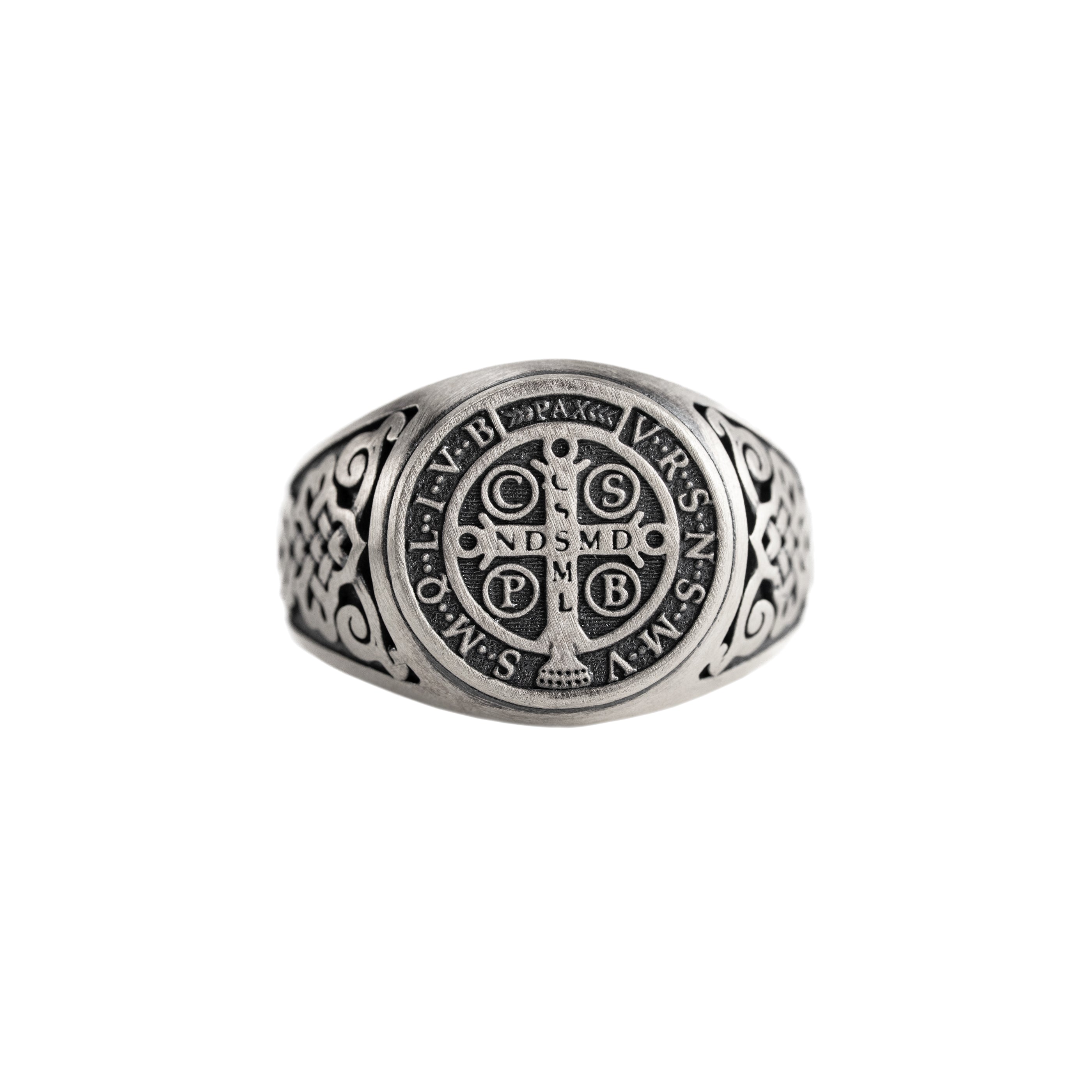 St Benedict Medal Ring - Handmade Sterling Silver Signet With Latin Inscription