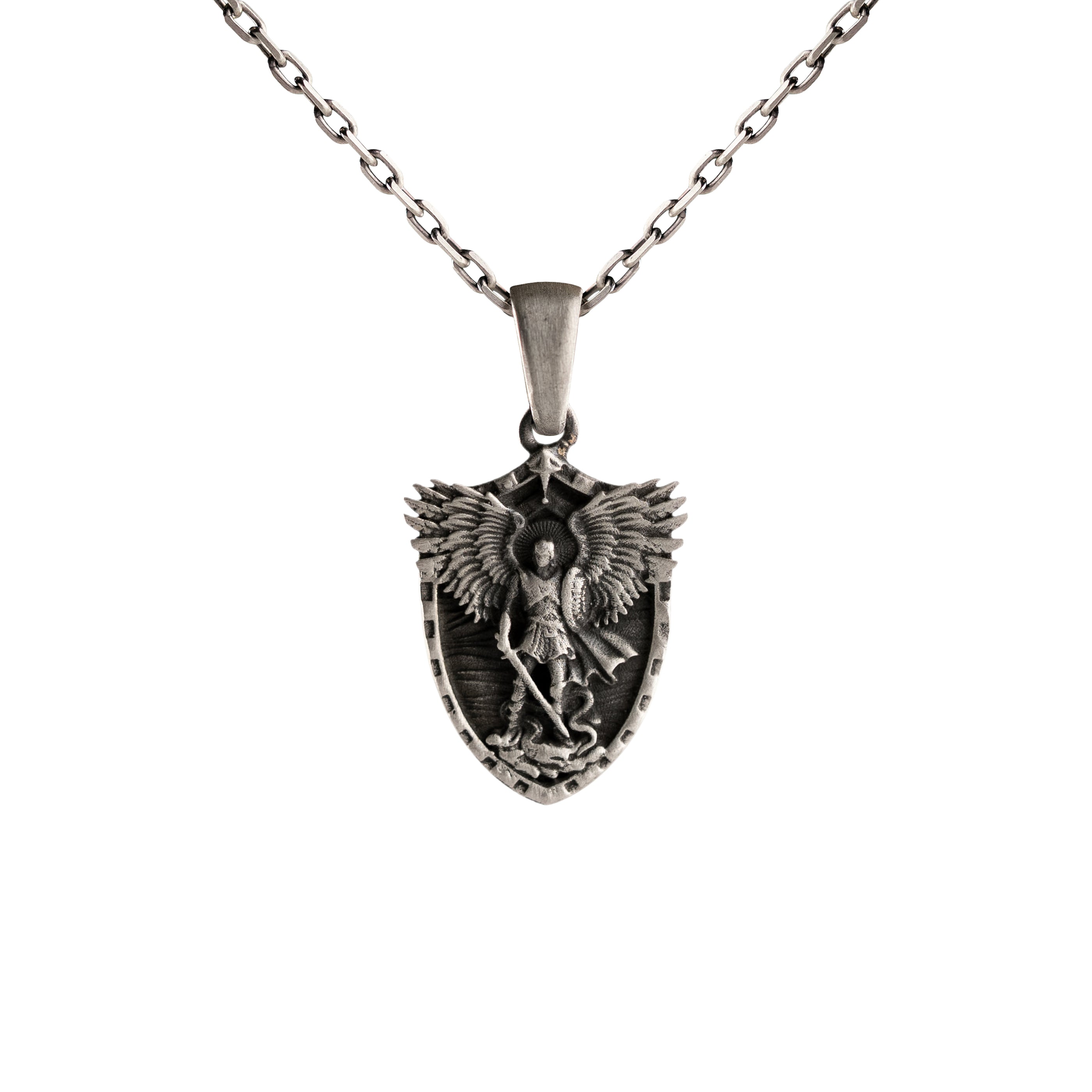 Sterling Silver Necklace St. Michael Archangel Shield Gothic Protection Pendant