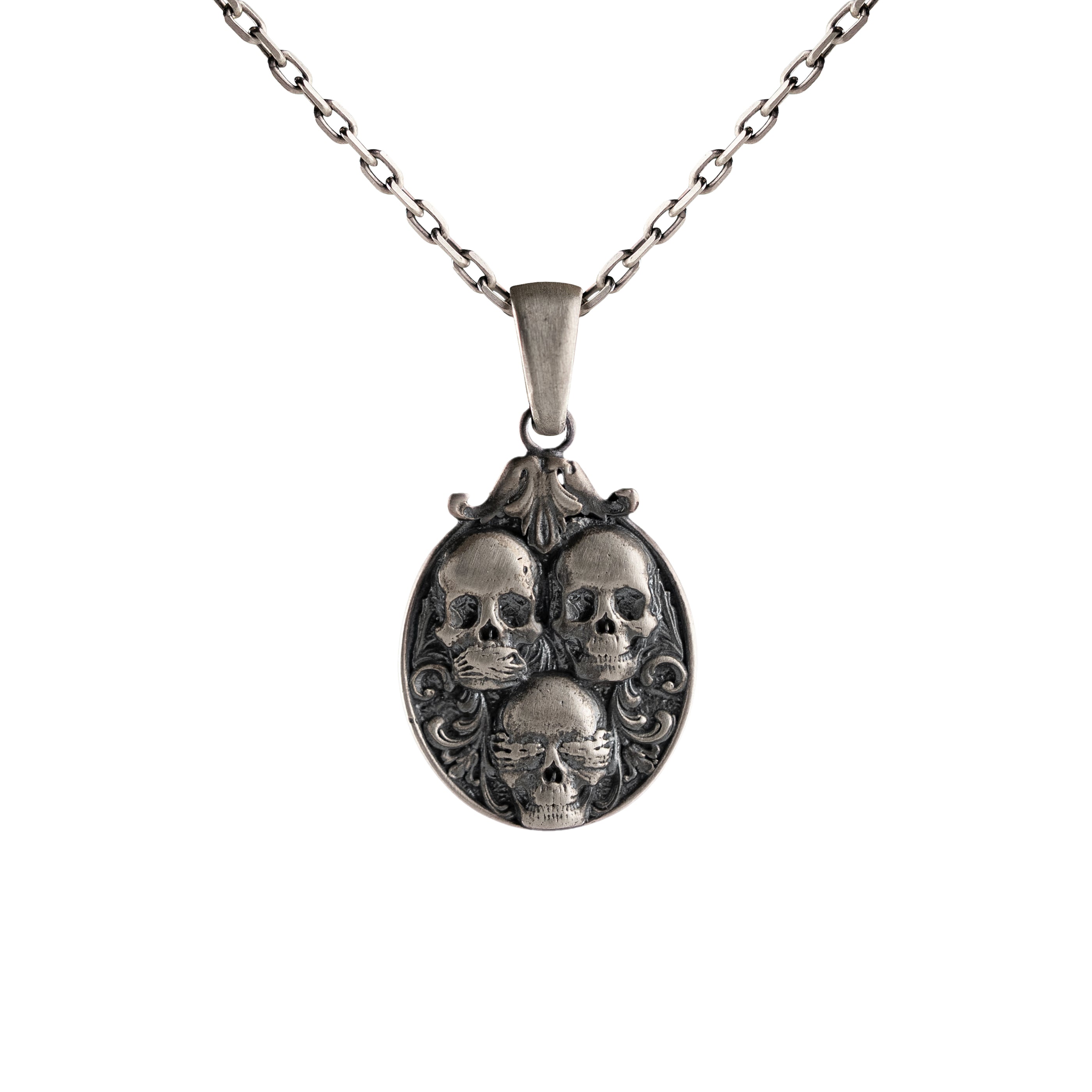 Three Wise Skull Pendant Sterling Silver Gothic Biker Necklace Protection Symbol