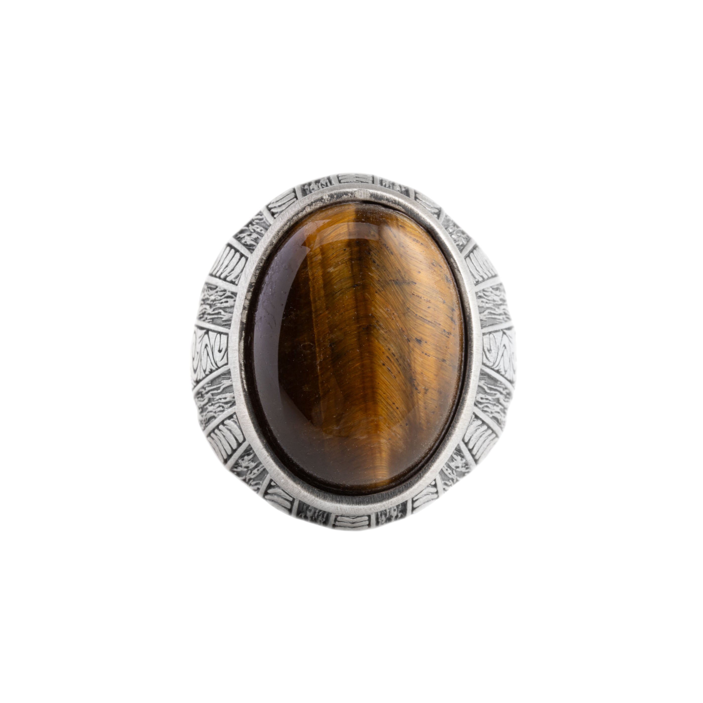 Tiger's Eye Ring – Sterling Silver Signet with Floral Engraved Band and Brown Gemstone