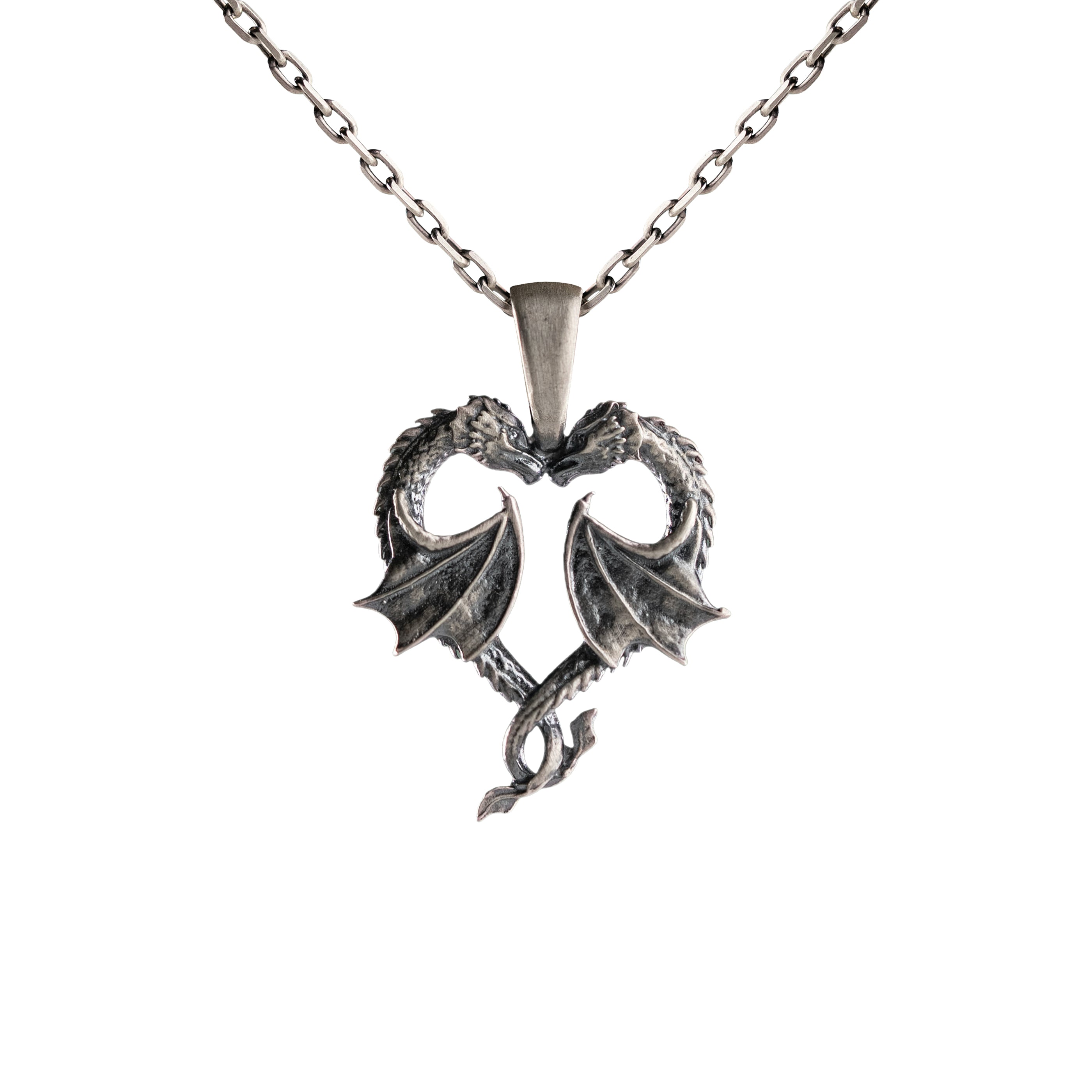 Sterling Silver Dragon Pendant - Twin Dragons Heart Gothic Viking Necklace